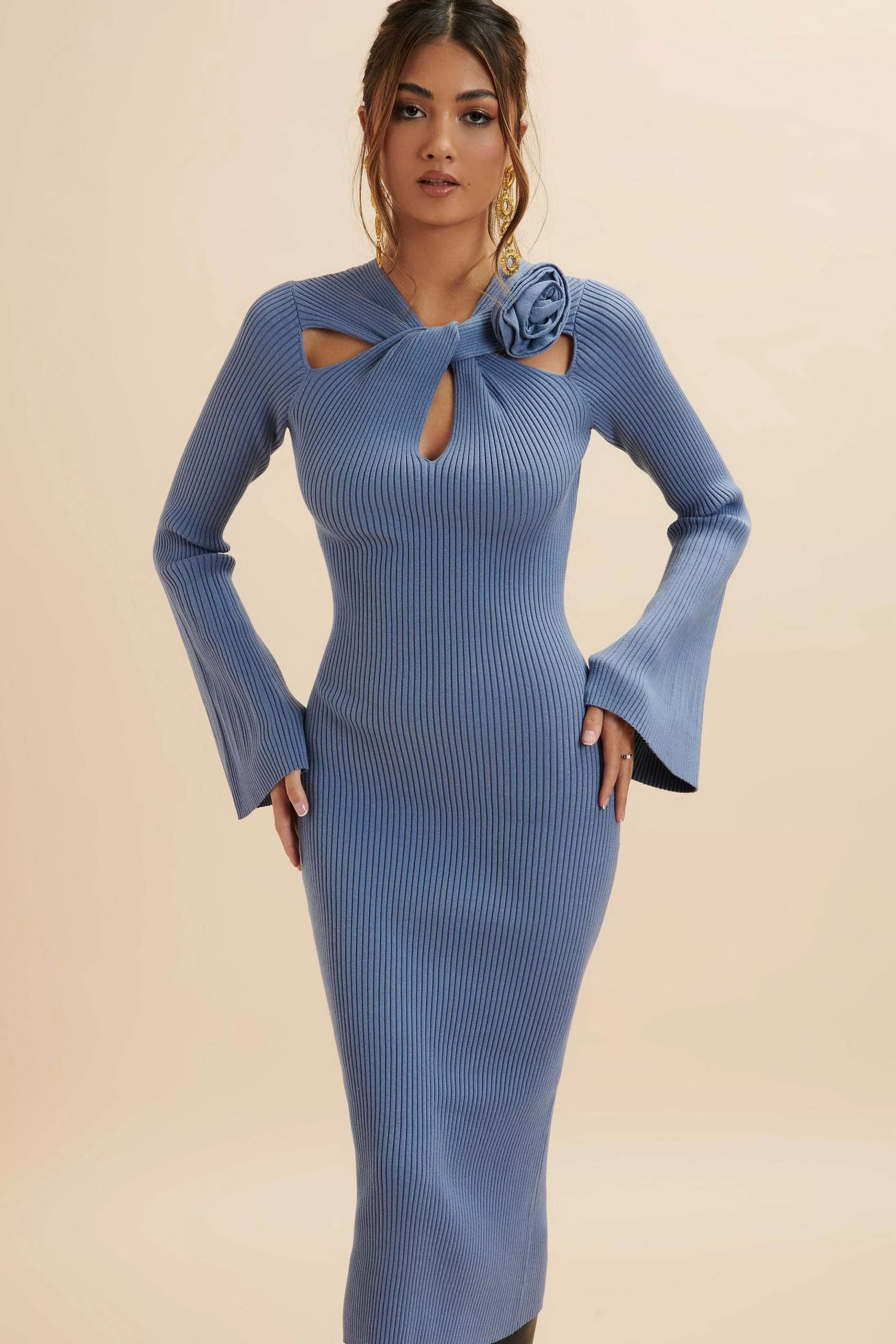 Lavish Alice Dresses<Alia Knitted Ribbed Corsage Midi Dress In Cornflower Blue