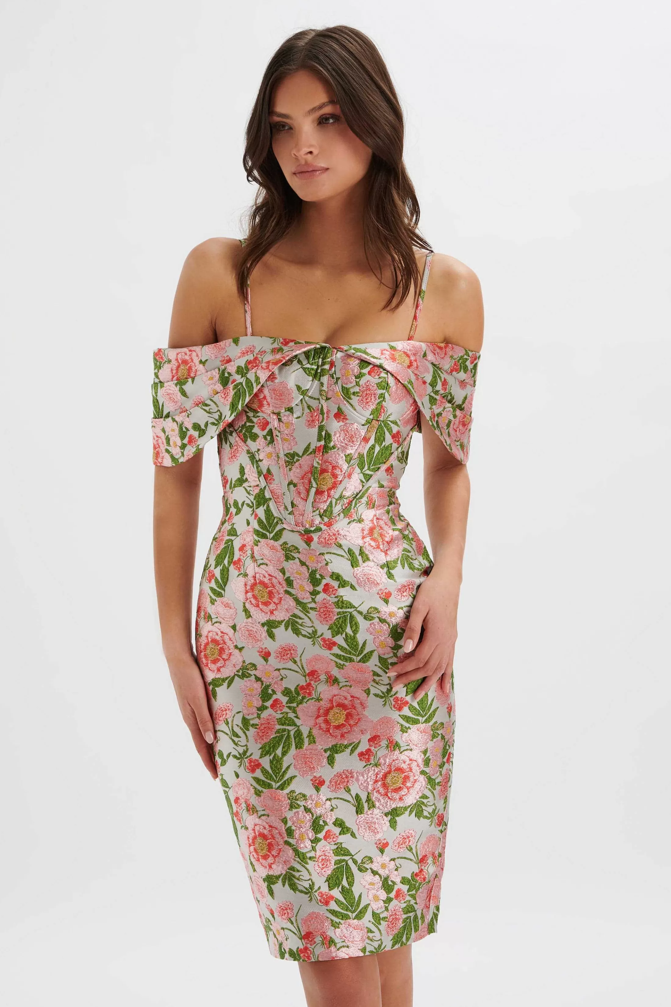 Lavish Alice Dresses<Annalise Bardot Sleeve Corset Midi Dress In Jacquard
