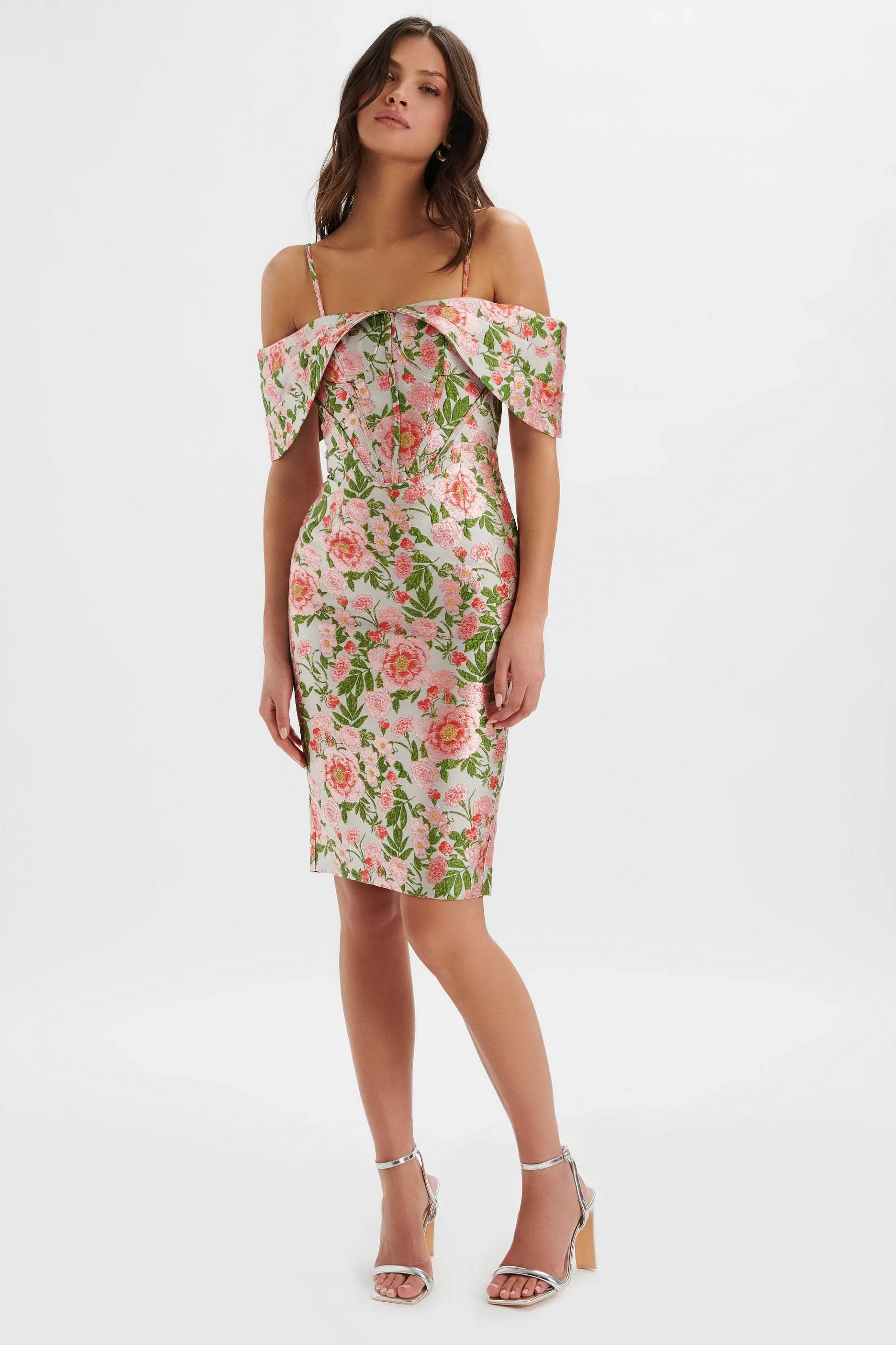 Lavish Alice Dresses<Annalise Bardot Sleeve Corset Midi Dress In Jacquard