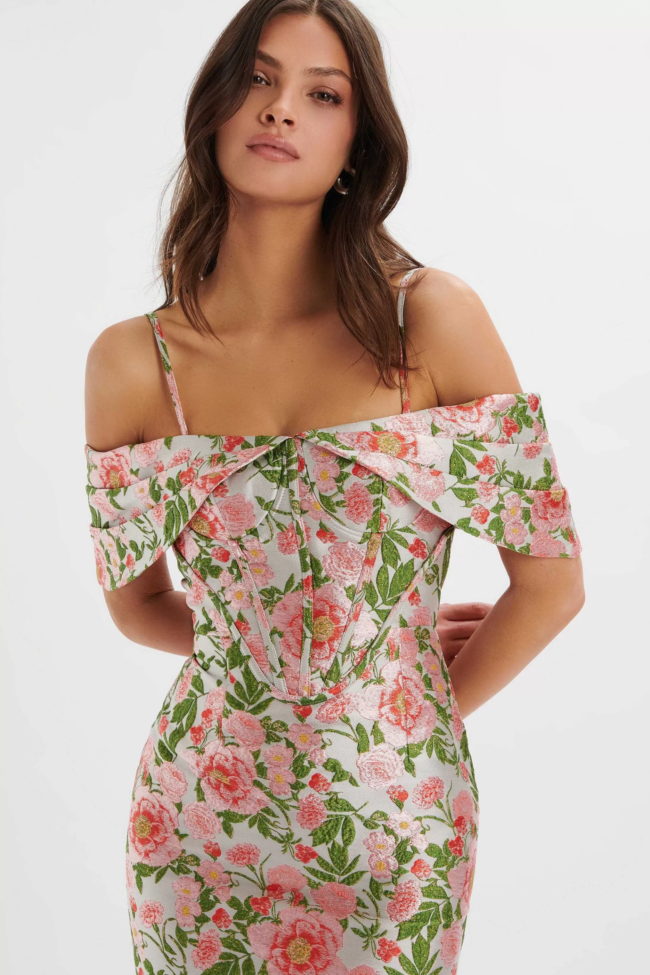 Lavish Alice Dresses<Annalise Bardot Sleeve Corset Midi Dress In Jacquard