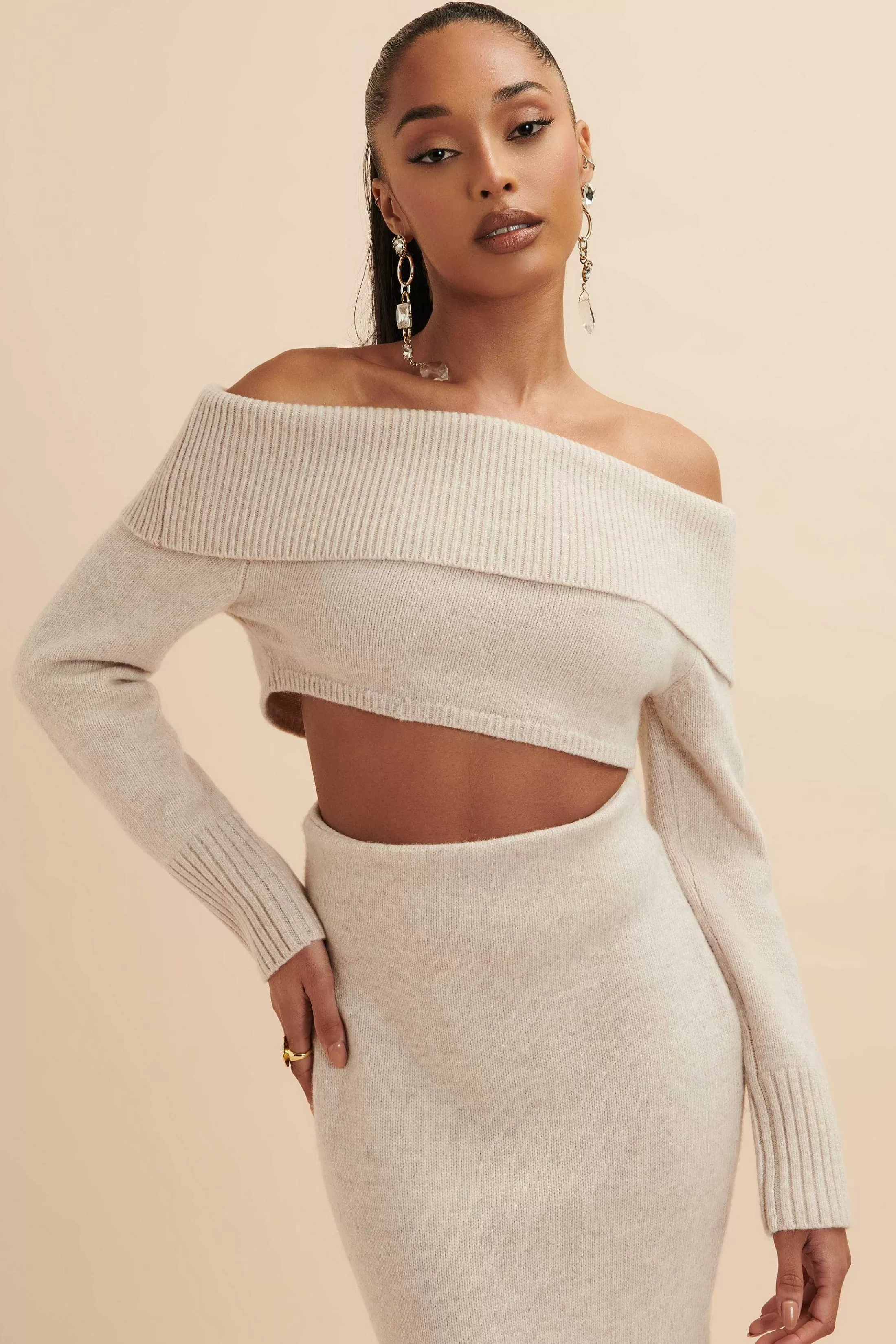 Lavish Alice Knitted Separates<Avani Knitted Wool Bardot Cropped Top In Stone