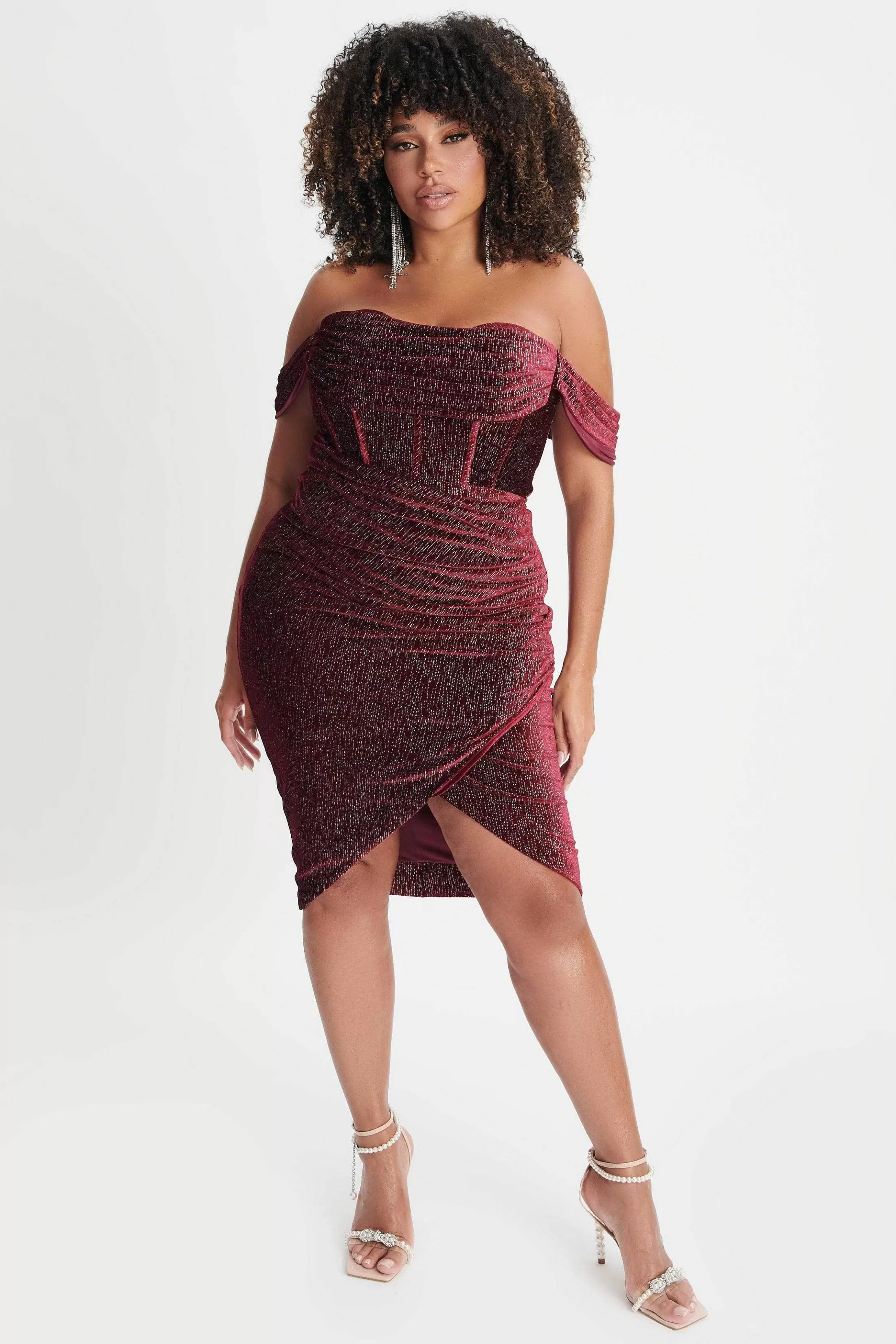 Lavish Alice Dresses<Blake Curve Diamante Velvet Pleated Off Shoulder Midi Dress In Burgundy