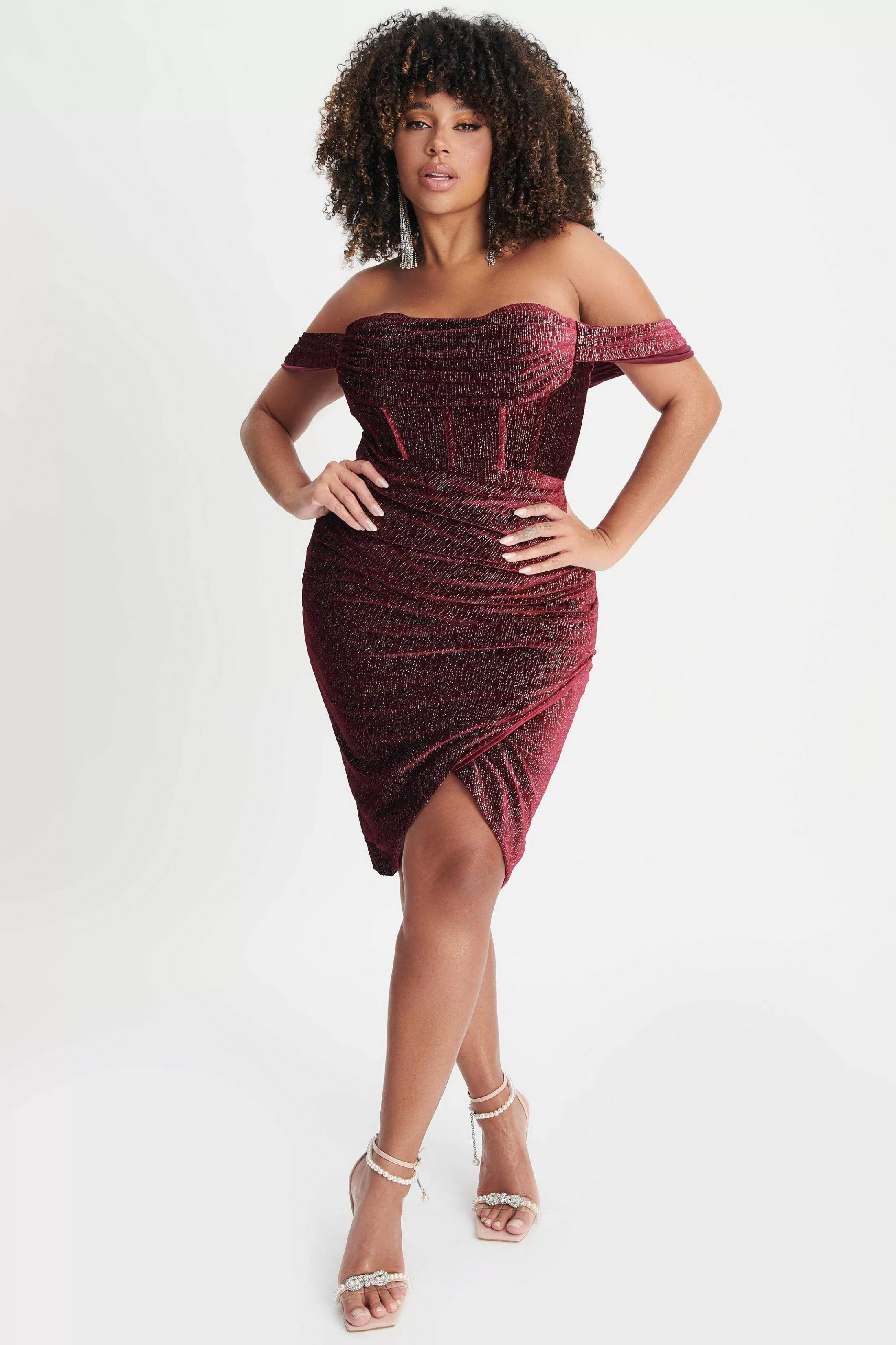 Lavish Alice Dresses<Blake Curve Diamante Velvet Pleated Off Shoulder Midi Dress In Burgundy