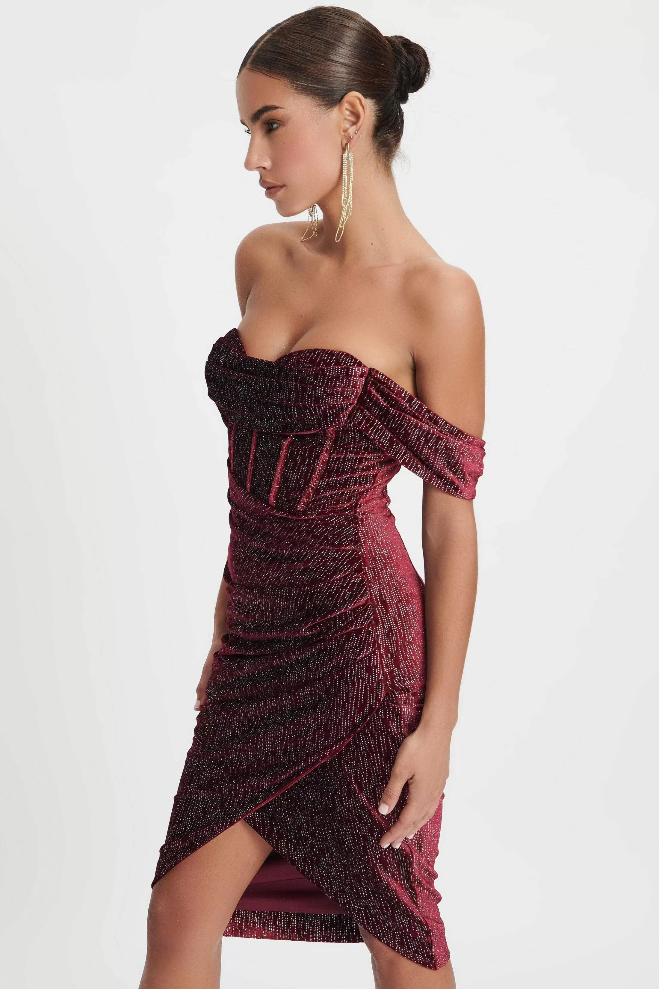 Lavish Alice Dresses<Blake Diamante Velvet Pleated Off Shoulder Midi Dress In Burgundy