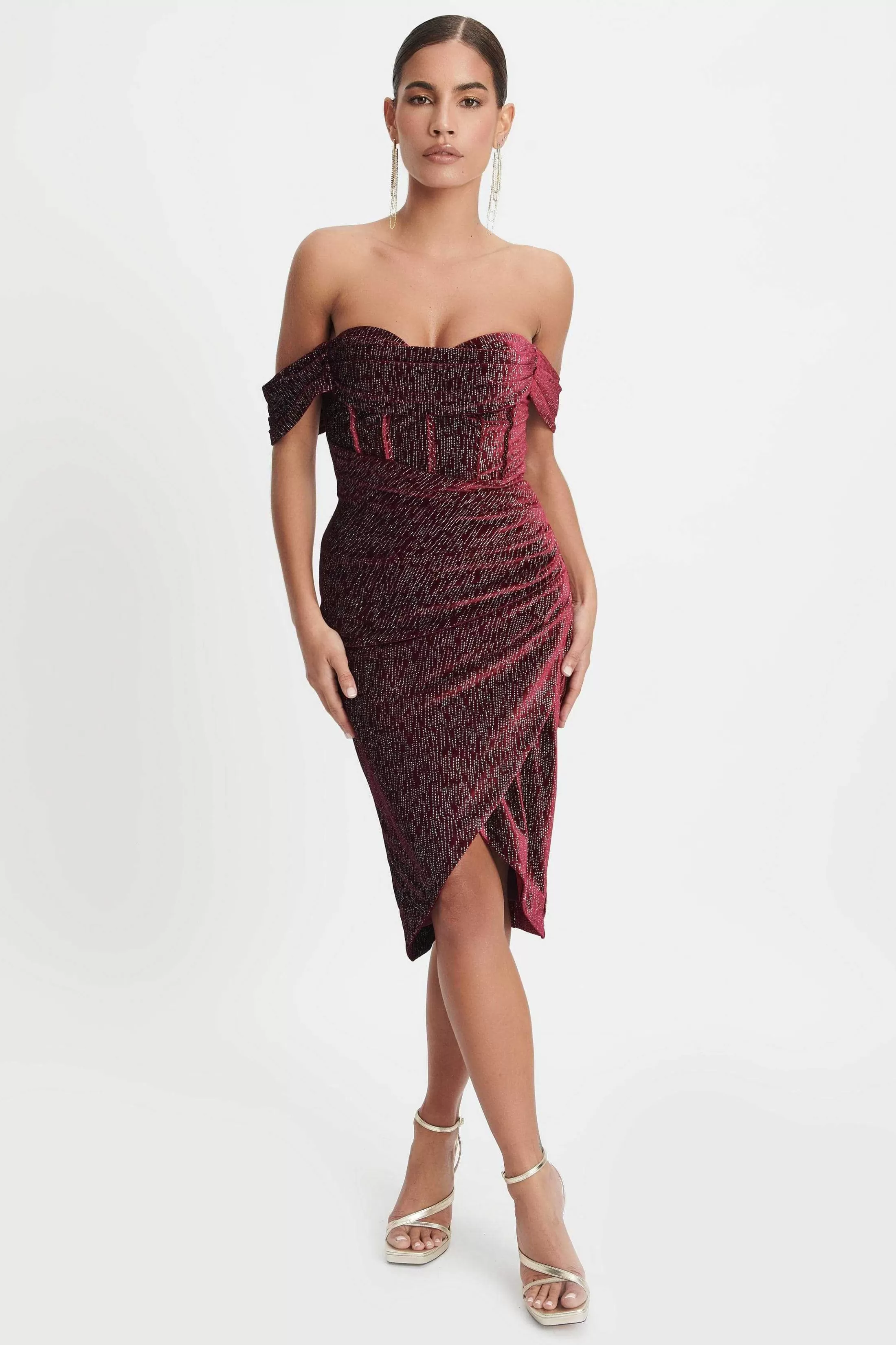 Lavish Alice Dresses<Blake Diamante Velvet Pleated Off Shoulder Midi Dress In Burgundy