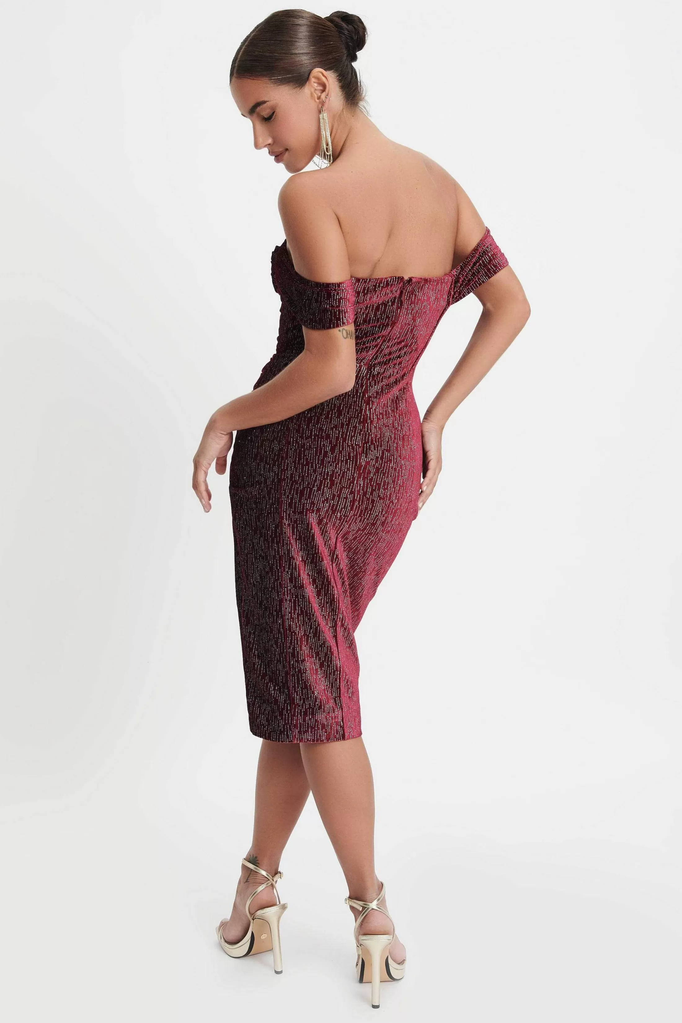 Lavish Alice Dresses<Blake Diamante Velvet Pleated Off Shoulder Midi Dress In Burgundy