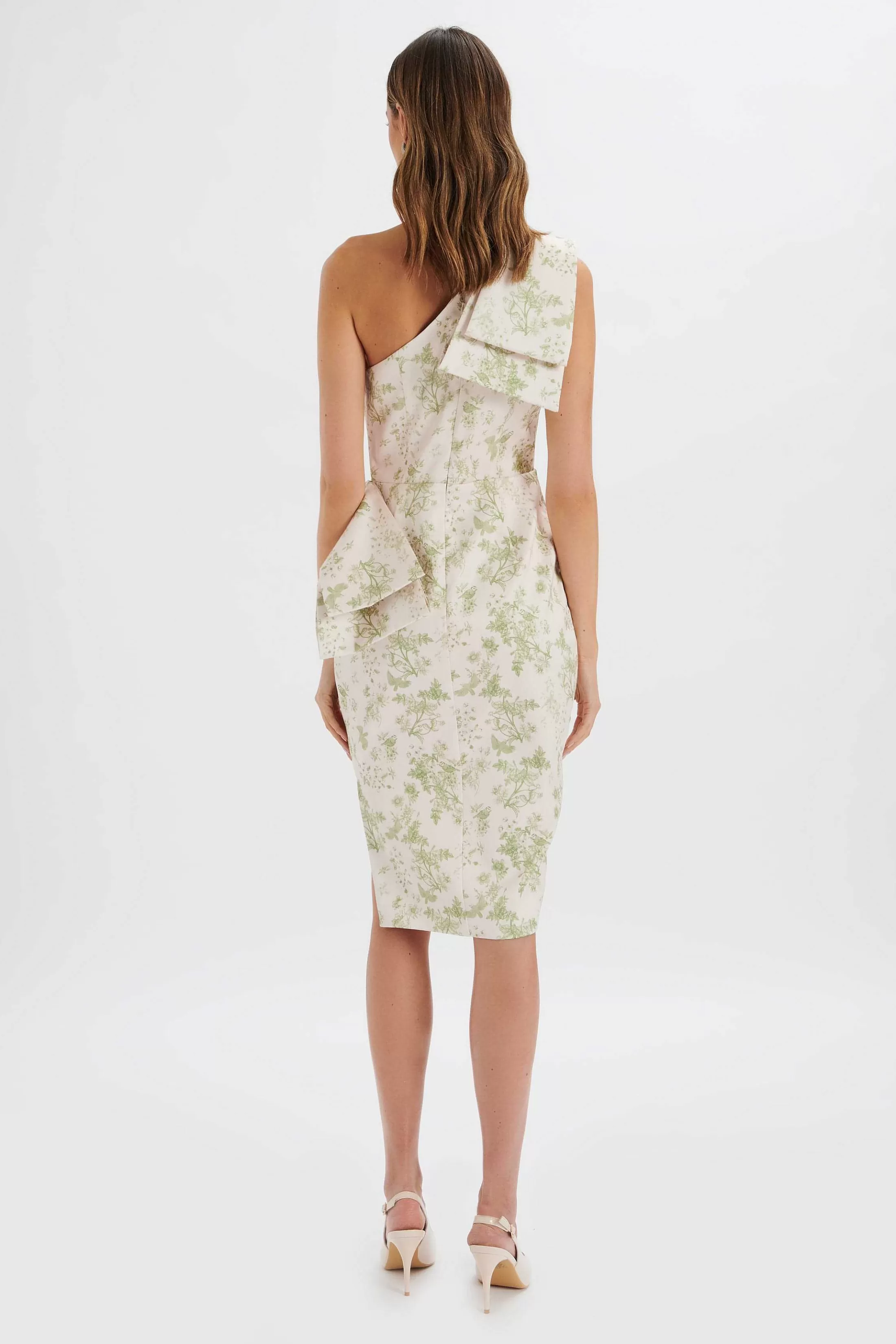 Lavish Alice Dresses<Bloom One Shoulder Bow Detail Satin Midi Dress In Green Porcelain Print