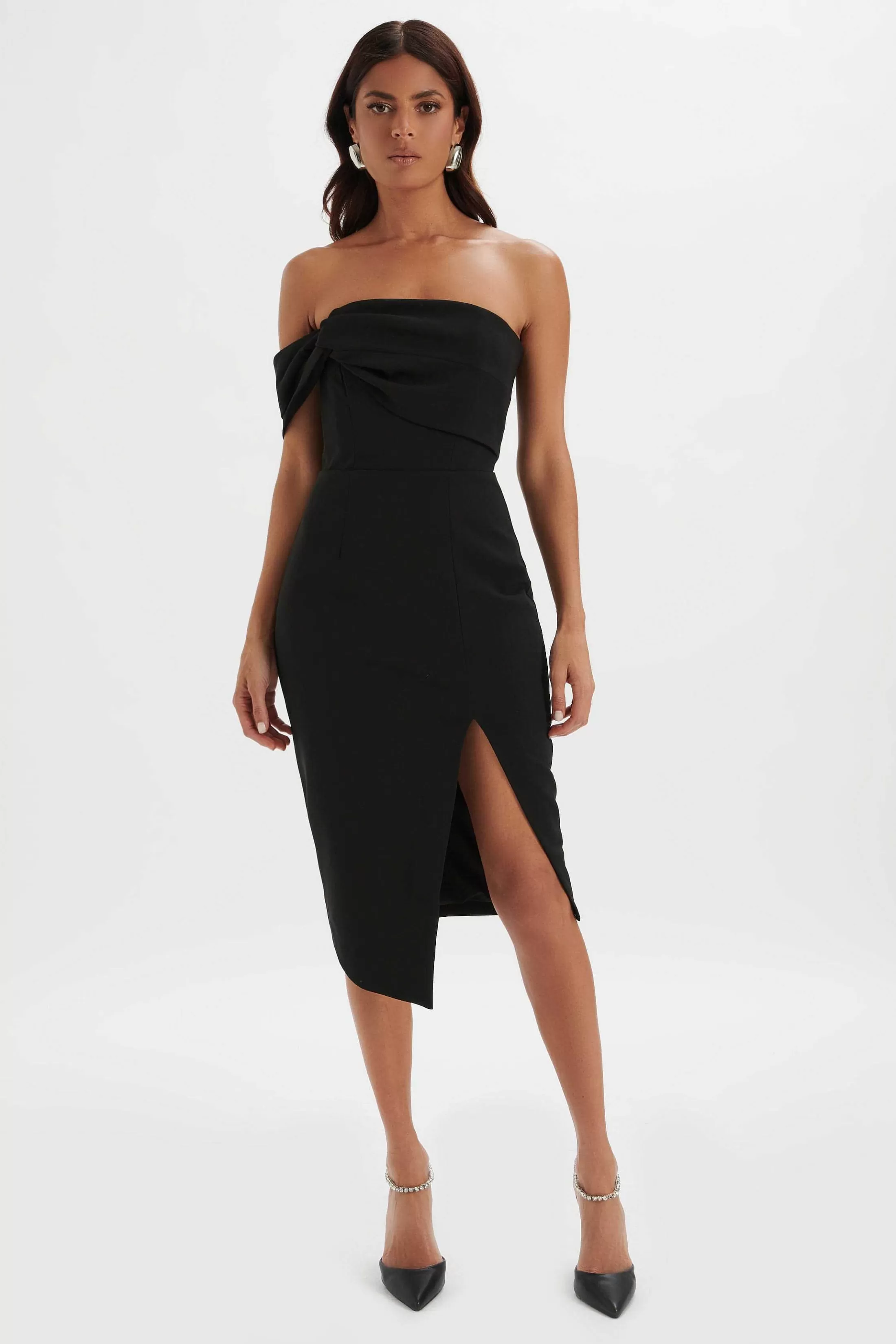 Lavish Alice Dresses<Brie Bardot Knot Twisted One Shoulder Midi Dress In Black