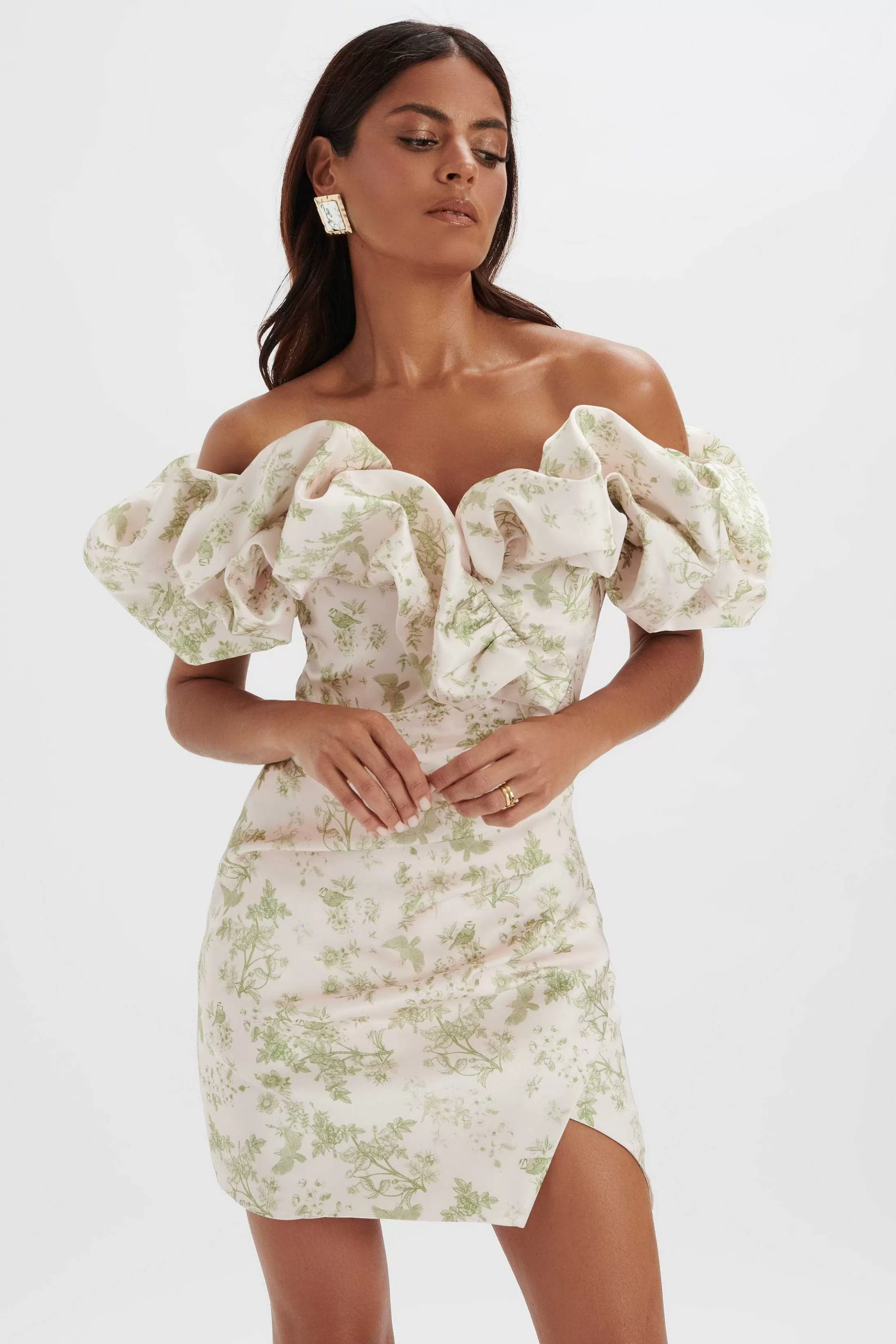 Lavish Alice Dresses<Carrie Bonded Satin Bardot Mini Dress In Green Porcelain Print