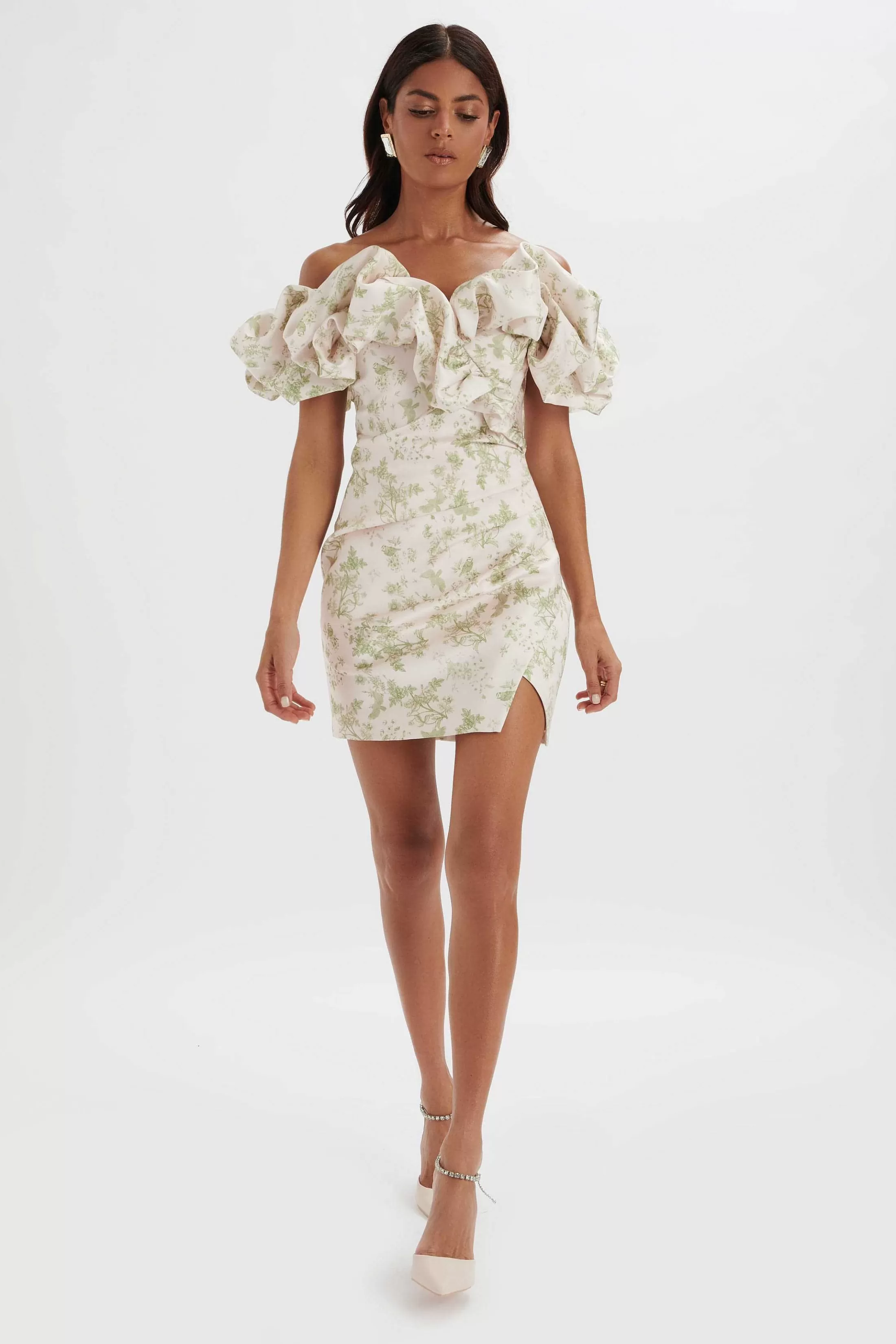 Lavish Alice Dresses<Carrie Bonded Satin Bardot Mini Dress In Green Porcelain Print