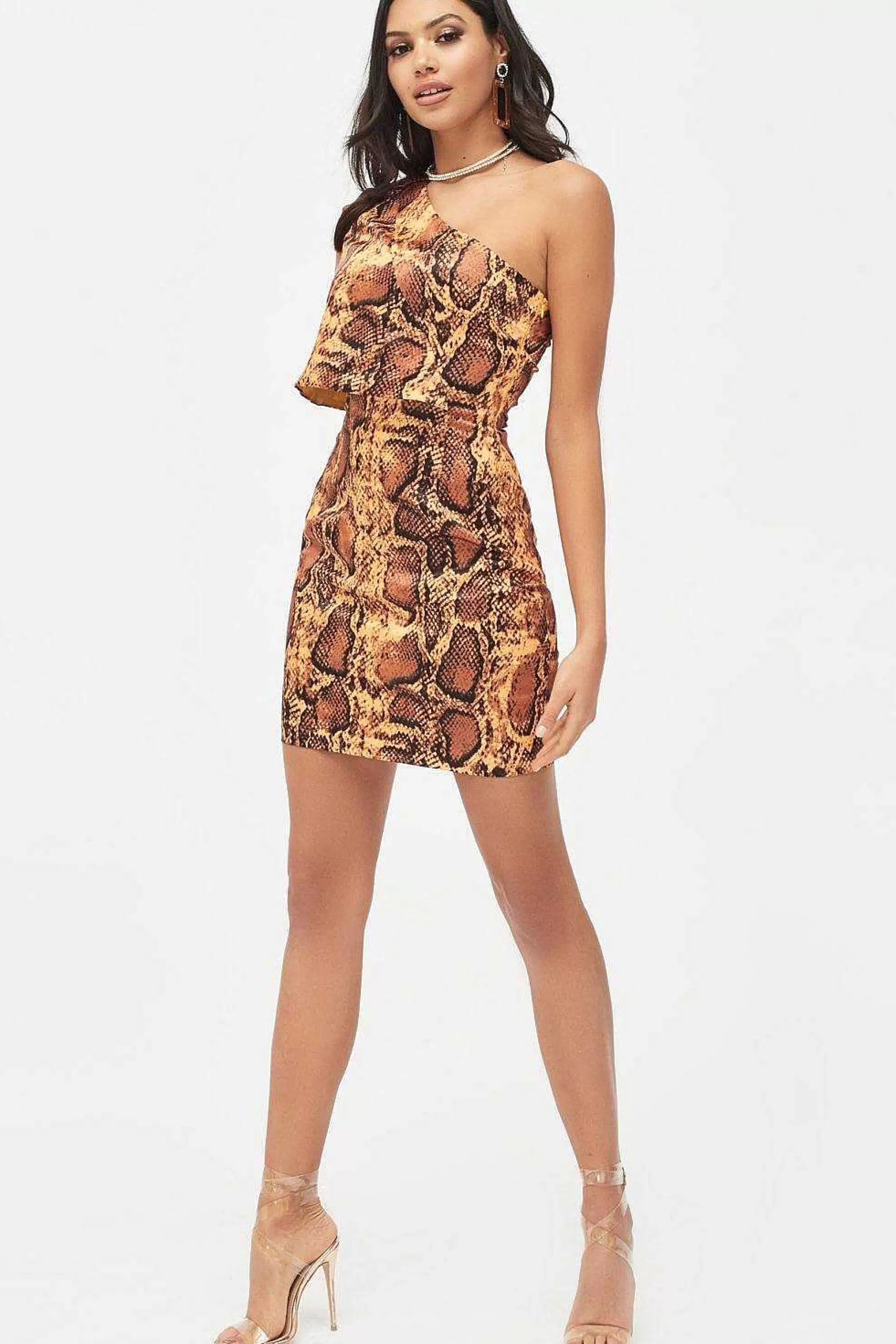 Lavish Alice Dresses<Emilia Satin One Shoulder Cape Mini Dress In Golden Yellow Snake Print