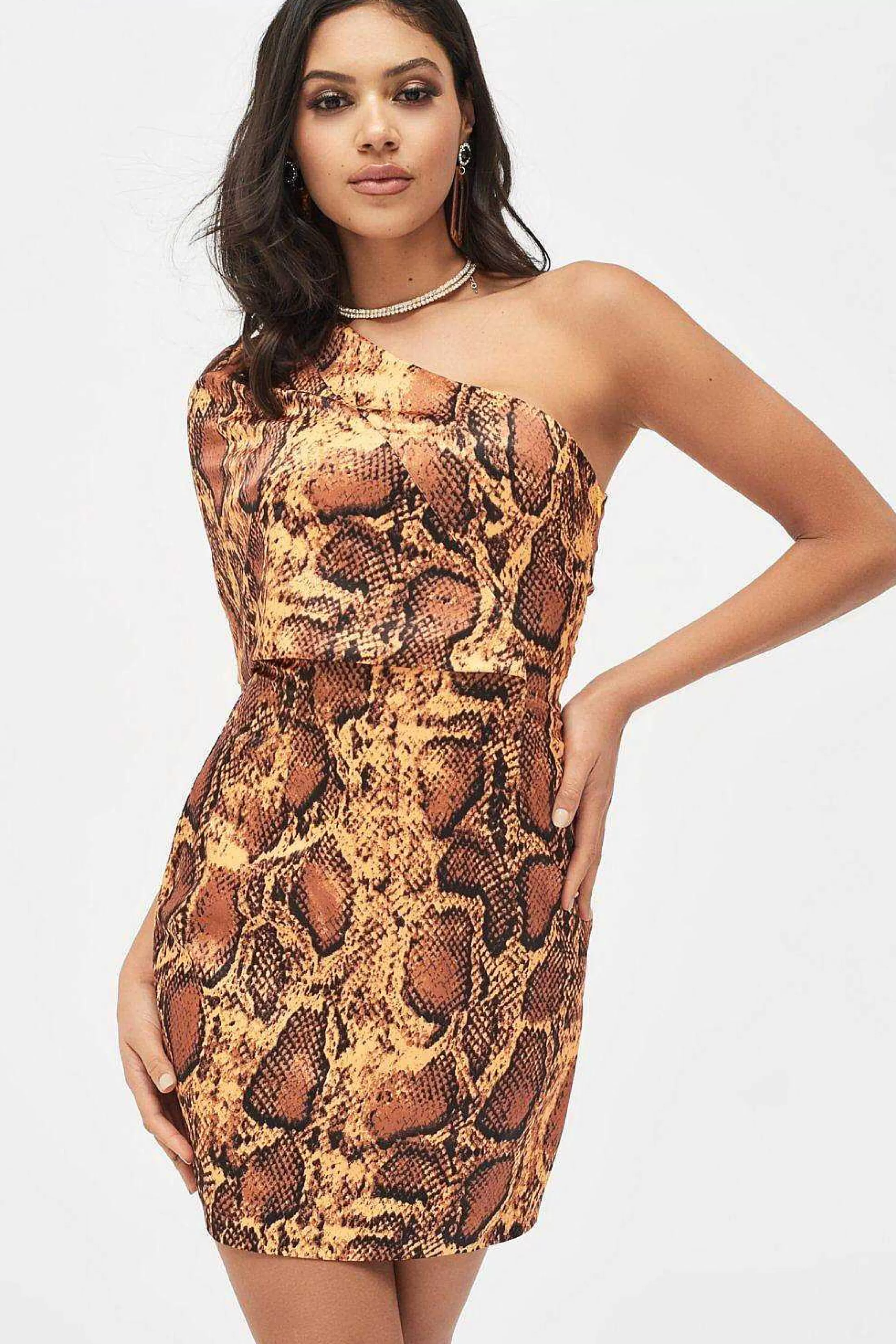 Lavish Alice Dresses<Emilia Satin One Shoulder Cape Mini Dress In Golden Yellow Snake Print
