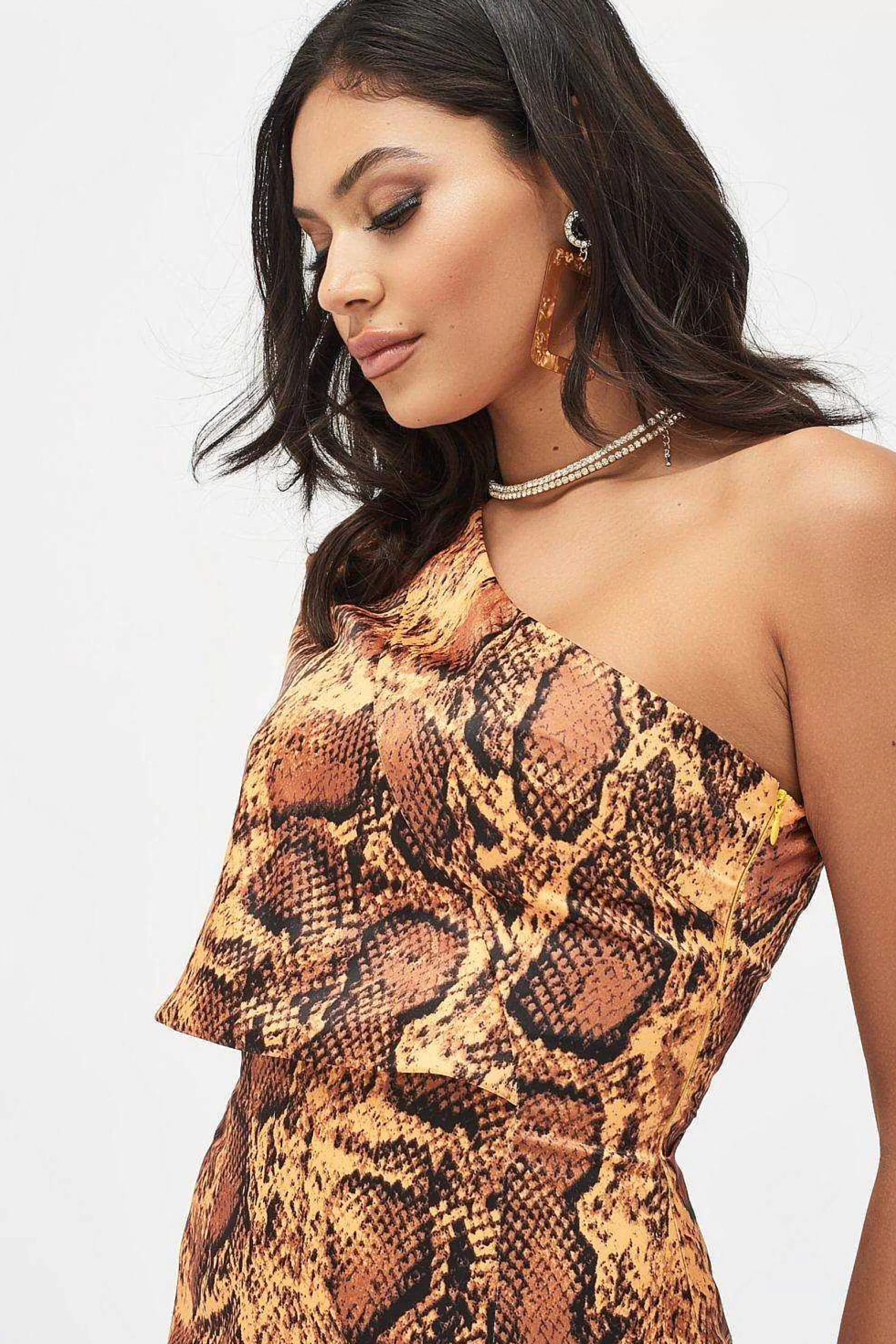 Lavish Alice Dresses<Emilia Satin One Shoulder Cape Mini Dress In Golden Yellow Snake Print