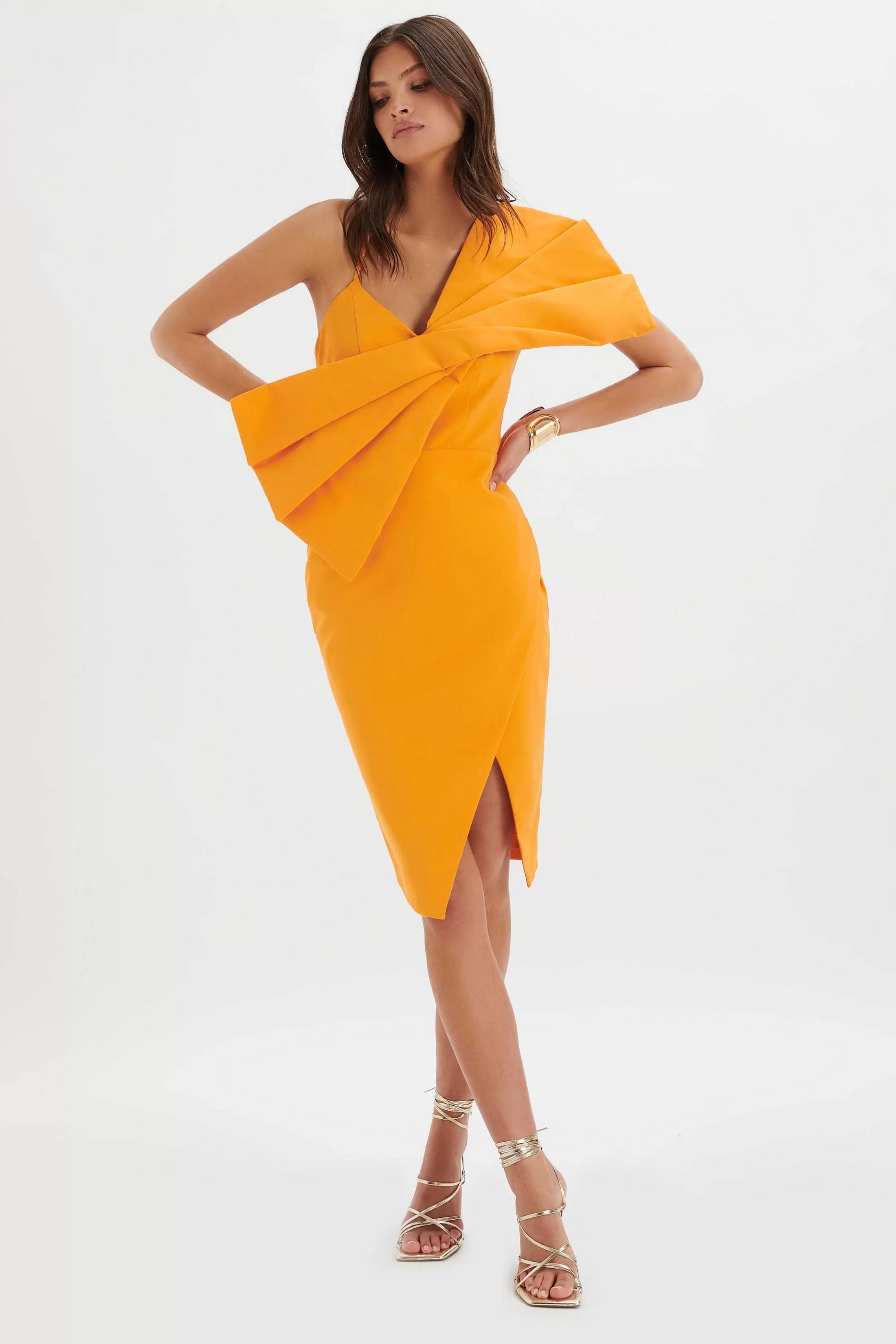 Lavish Alice Wedding Guest<Esther Bow Detail Wrap Skirt Midi Dress In Orange