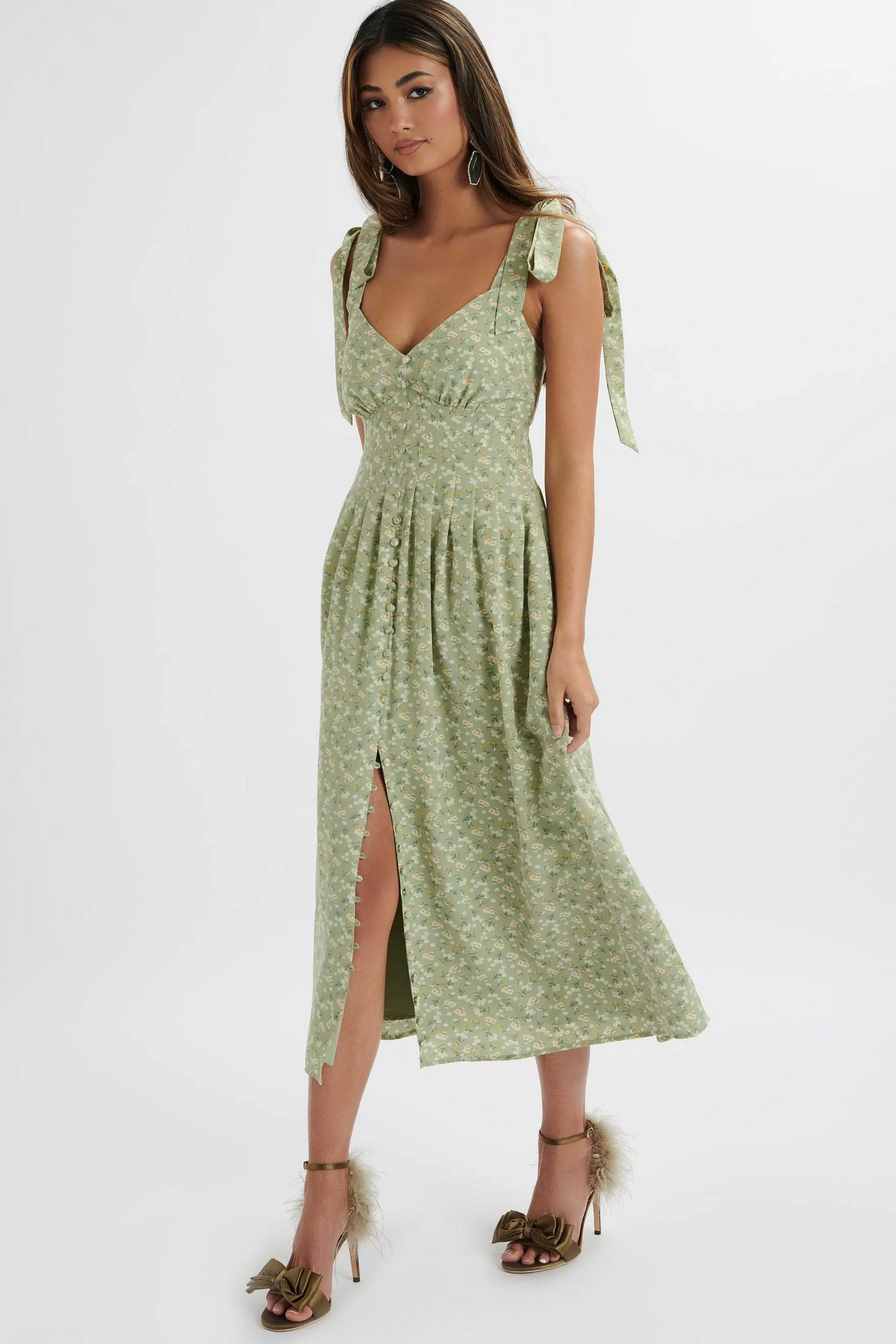 Lavish Alice Dresses<Halle Micro Button Midi Sundress In Ditsy Floral Sage Green