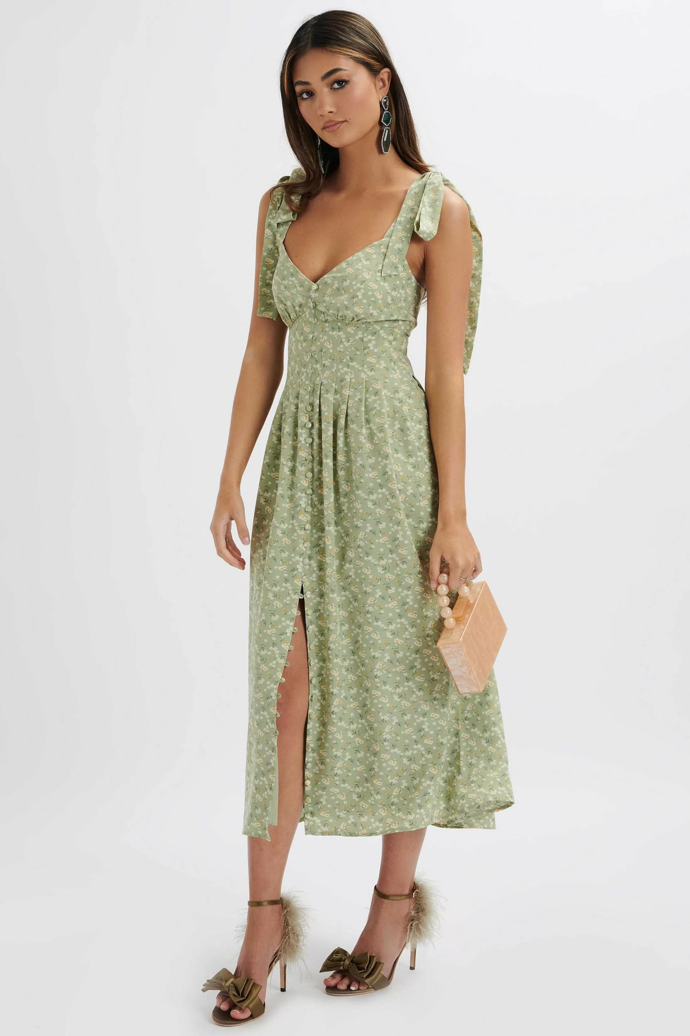 Lavish Alice Dresses<Halle Micro Button Midi Sundress In Ditsy Floral Sage Green