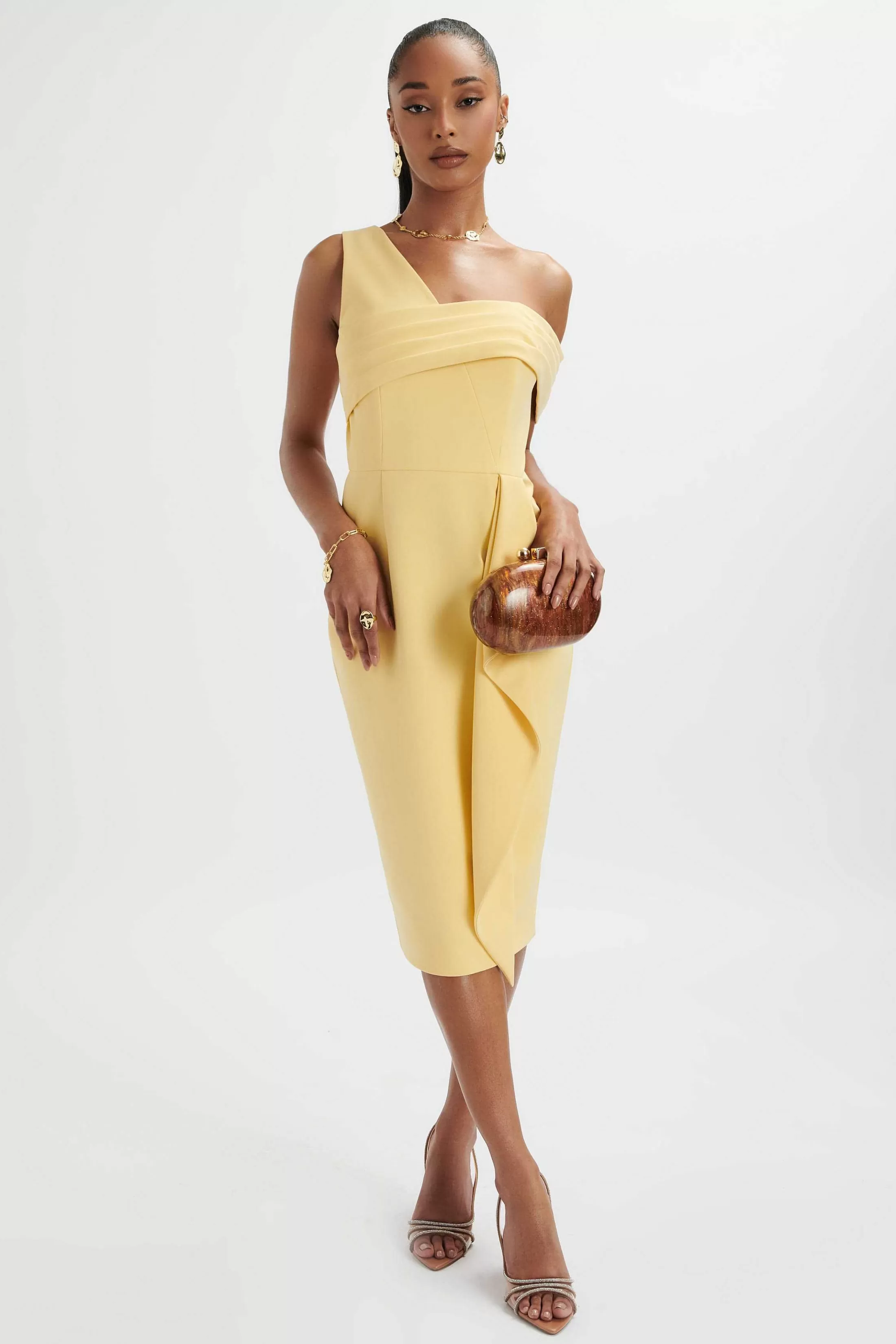 Lavish Alice Dresses<Hannah Pleated Asymmetric Off Shoulder Midi Dress In Pastel Yellow