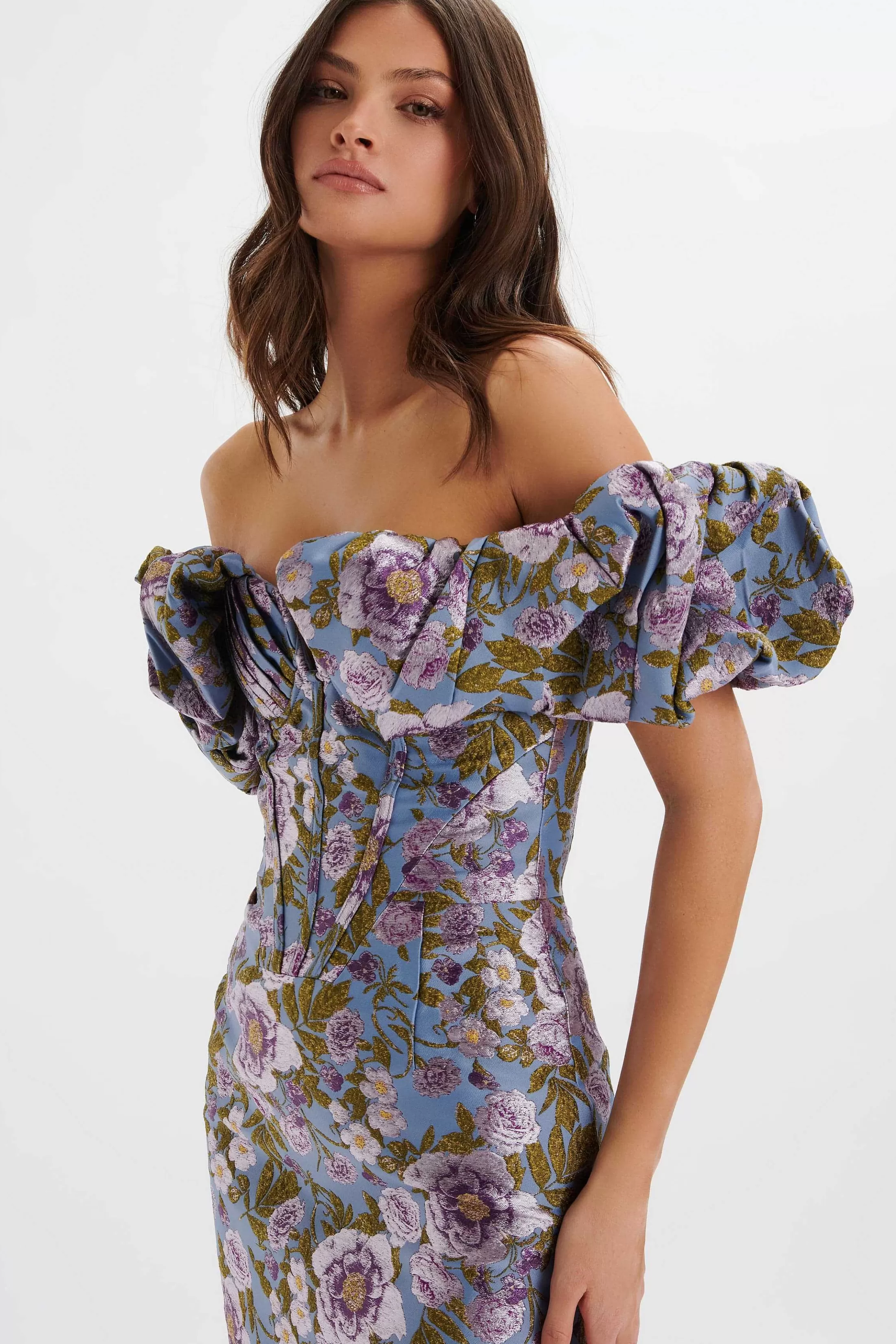 Lavish Alice Wedding Guest<Harlow Jacquard Corset Puff Sleeve Midi Dress In Blue Purple