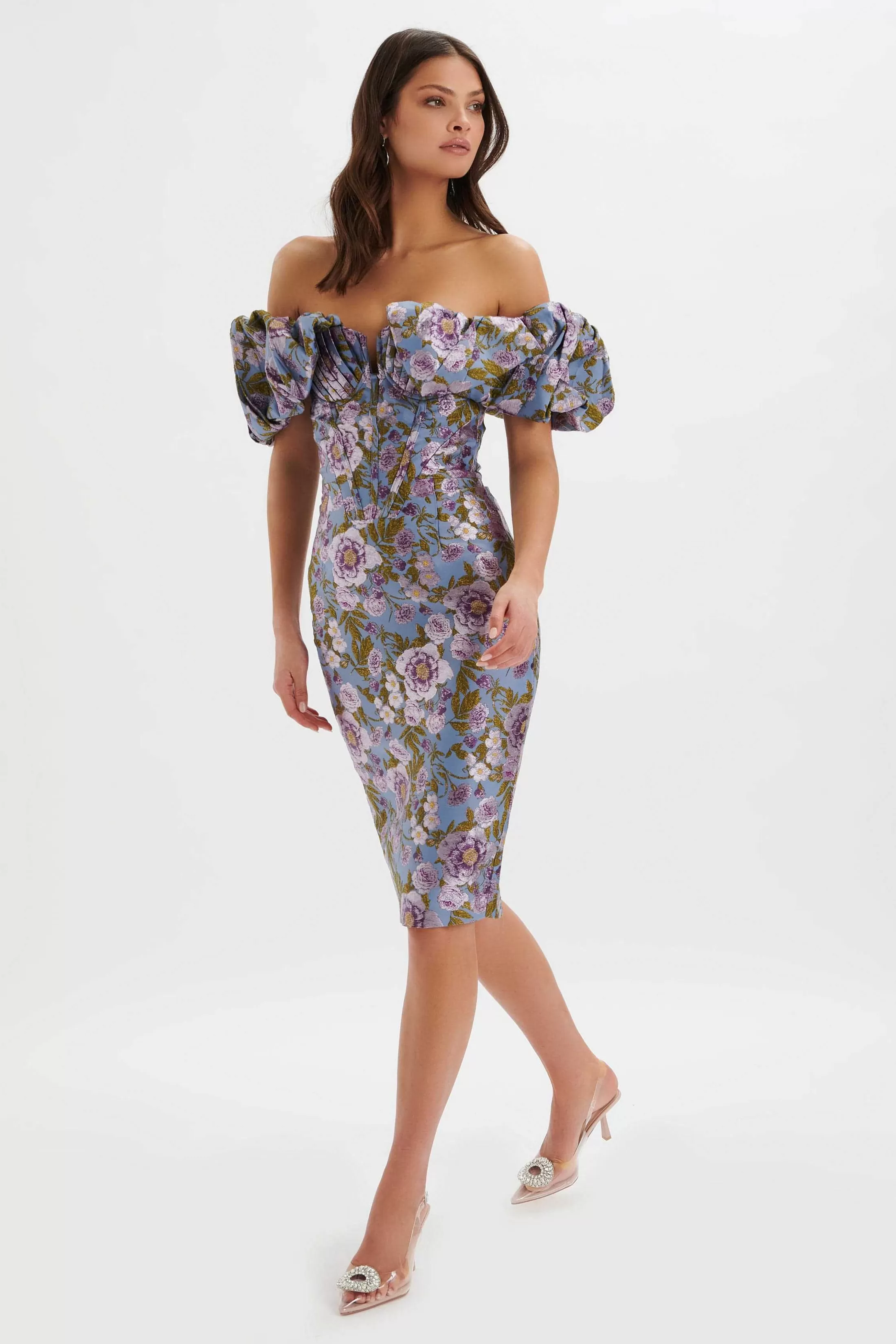Lavish Alice Wedding Guest<Harlow Jacquard Corset Puff Sleeve Midi Dress In Blue Purple