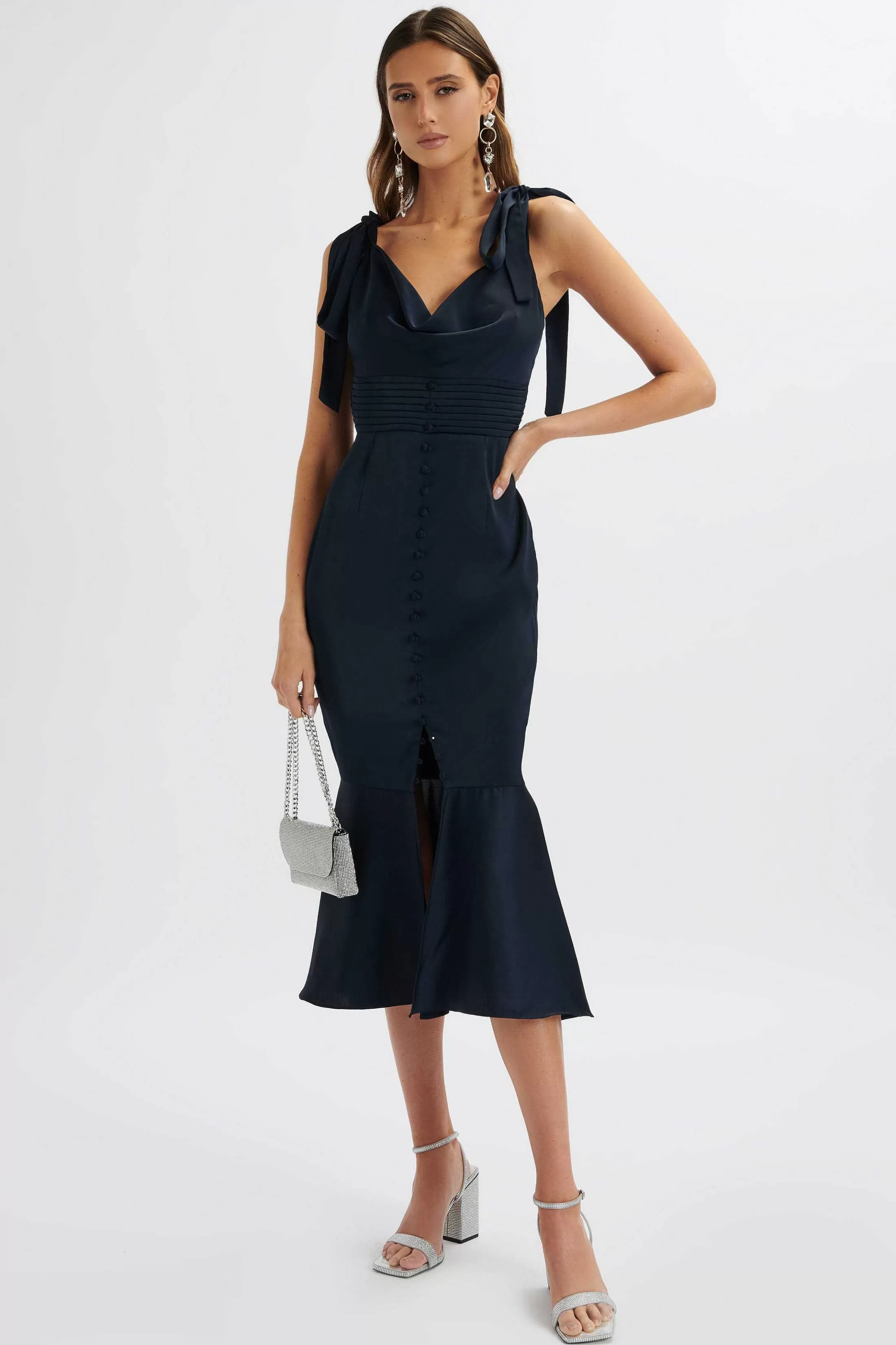 Lavish Alice Dresses<Indie Satin Cowl Neck Micro Button Longline Midi Dress In Navy