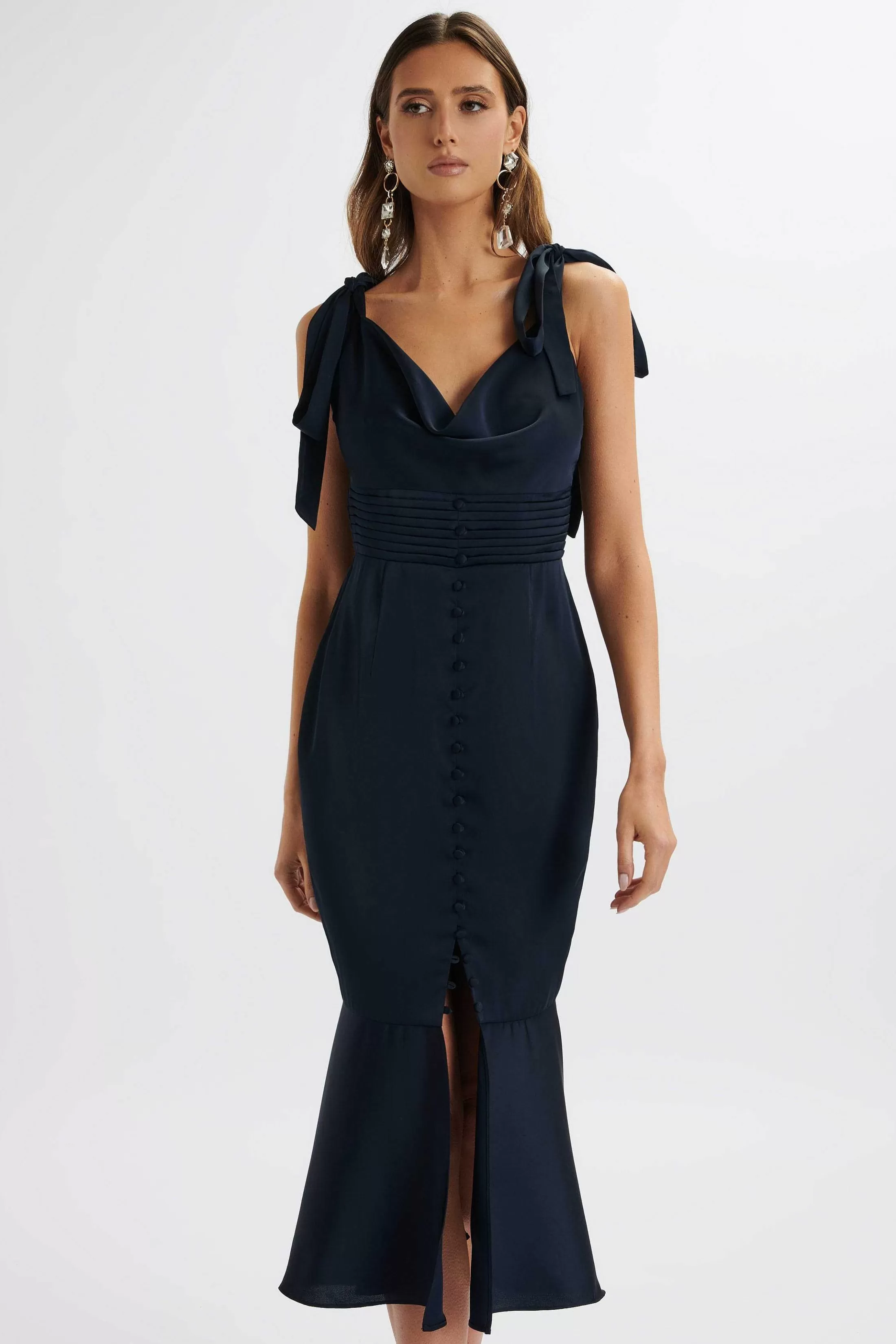 Lavish Alice Dresses<Indie Satin Cowl Neck Micro Button Longline Midi Dress In Navy
