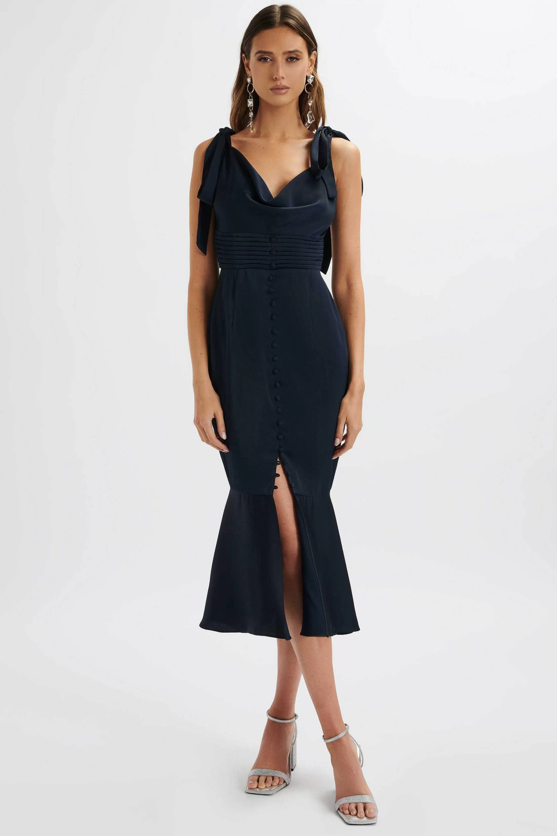 Lavish Alice Dresses<Indie Satin Cowl Neck Micro Button Longline Midi Dress In Navy