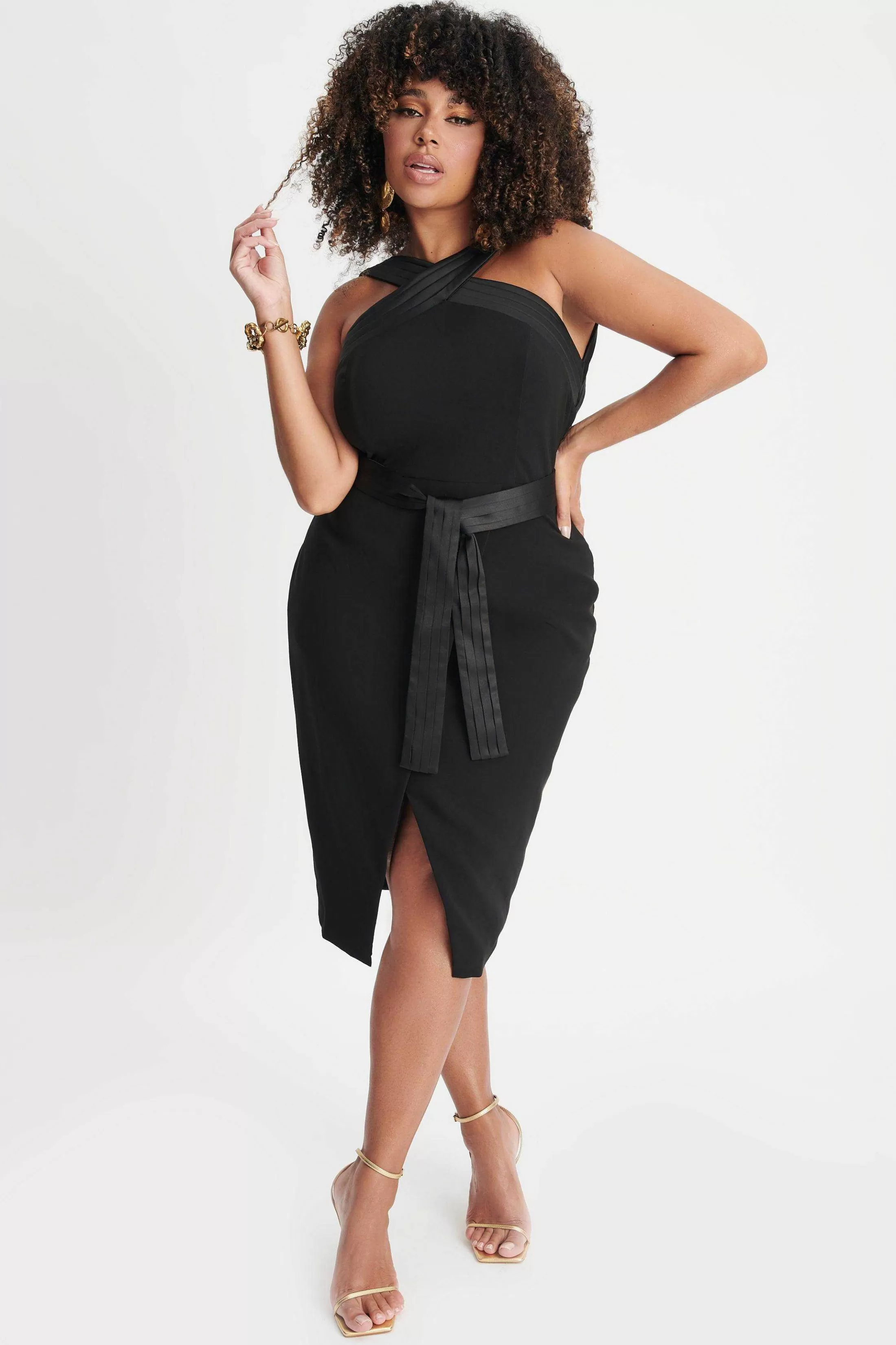 Lavish Alice Dresses<Isla Curve Satin Mix Cross Over Midi Dress In Black