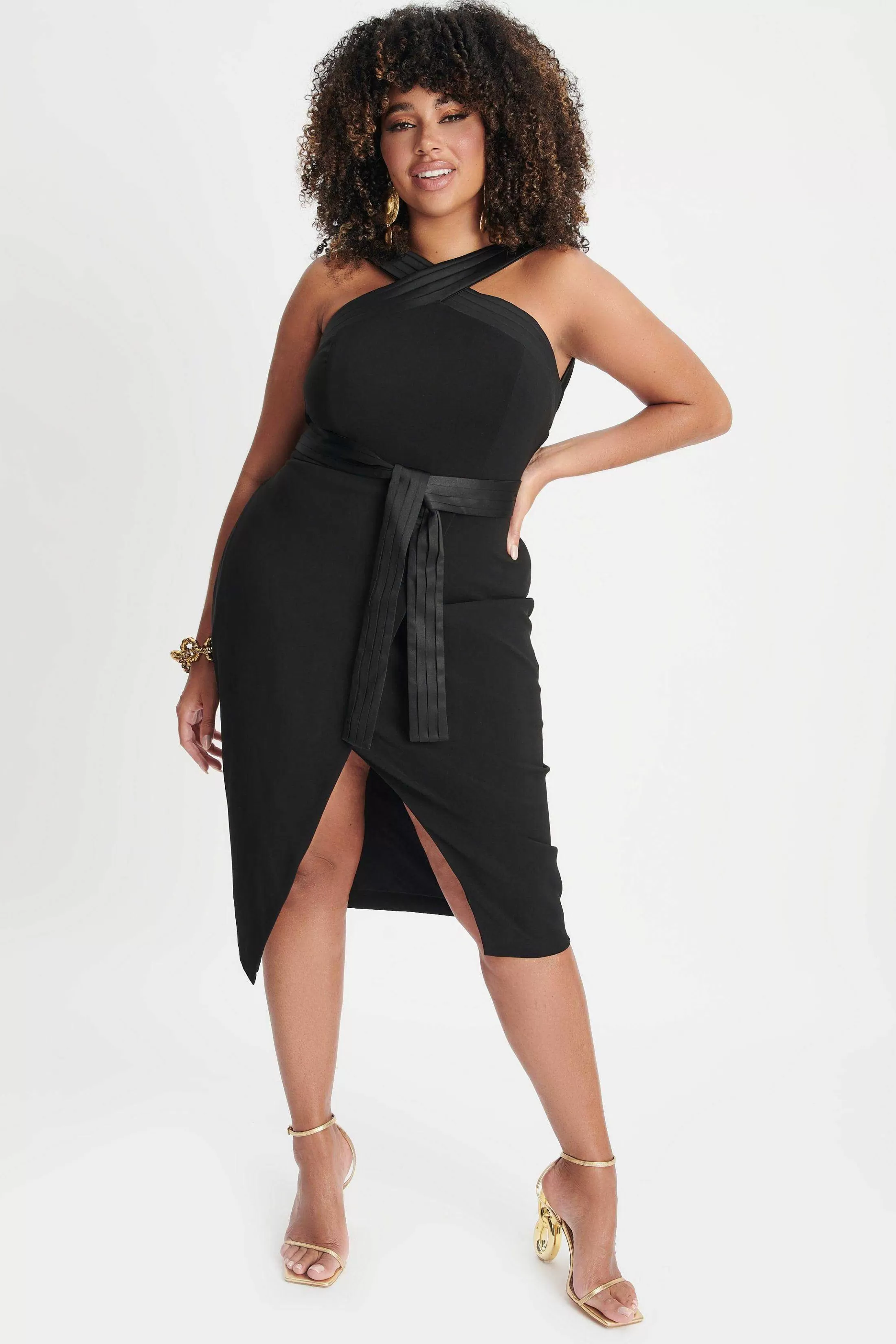 Lavish Alice Dresses<Isla Curve Satin Mix Cross Over Midi Dress In Black