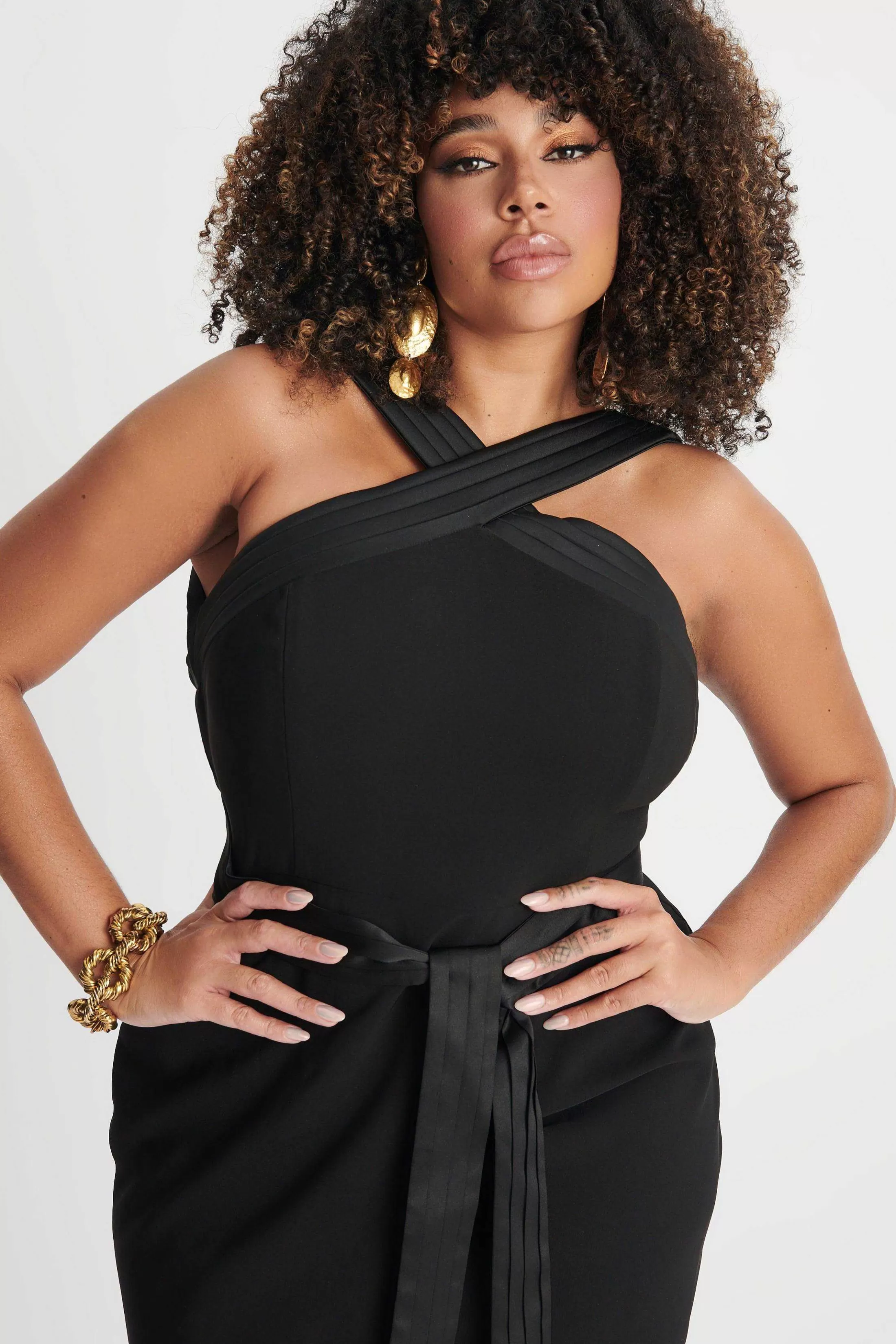 Lavish Alice Dresses<Isla Curve Satin Mix Cross Over Midi Dress In Black