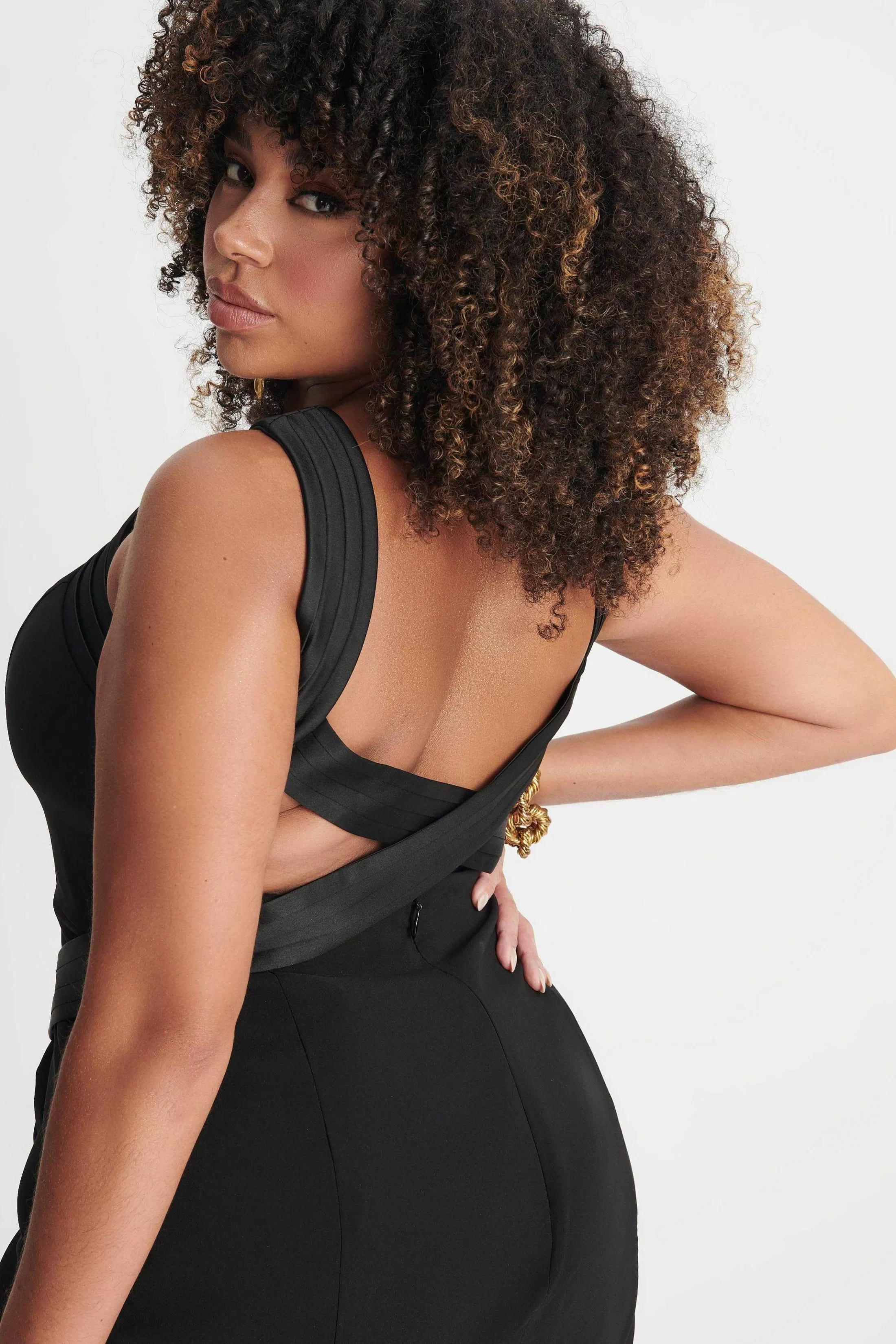 Lavish Alice Dresses<Isla Curve Satin Mix Cross Over Midi Dress In Black