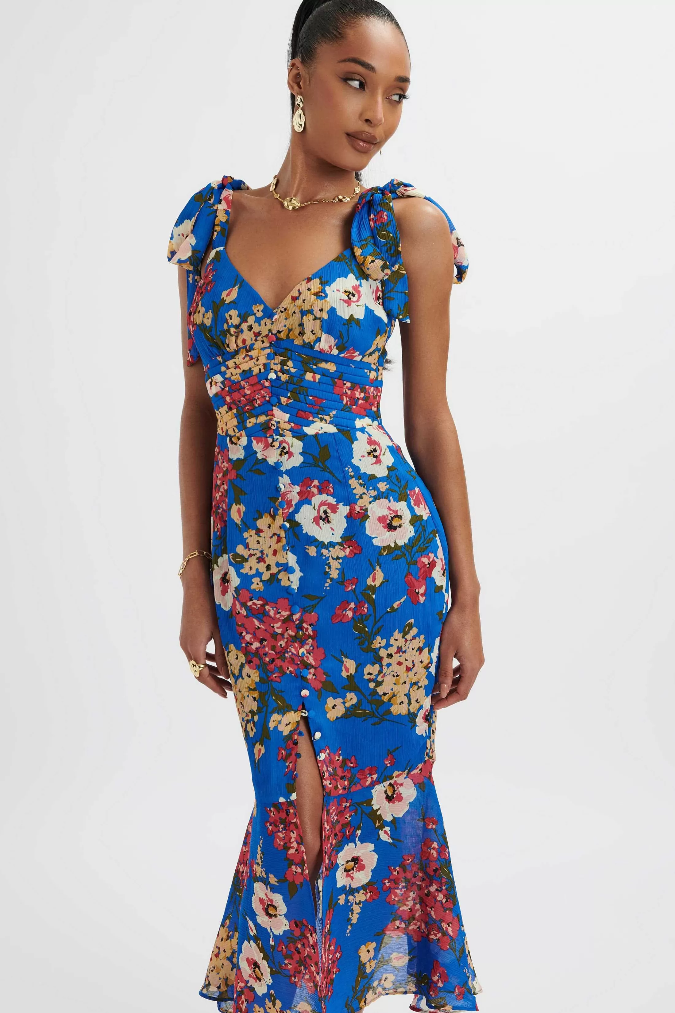 Lavish Alice Dresses<Kamila Tie Strap Micro Button Longline Midi Dress In Blue Floral Satin
