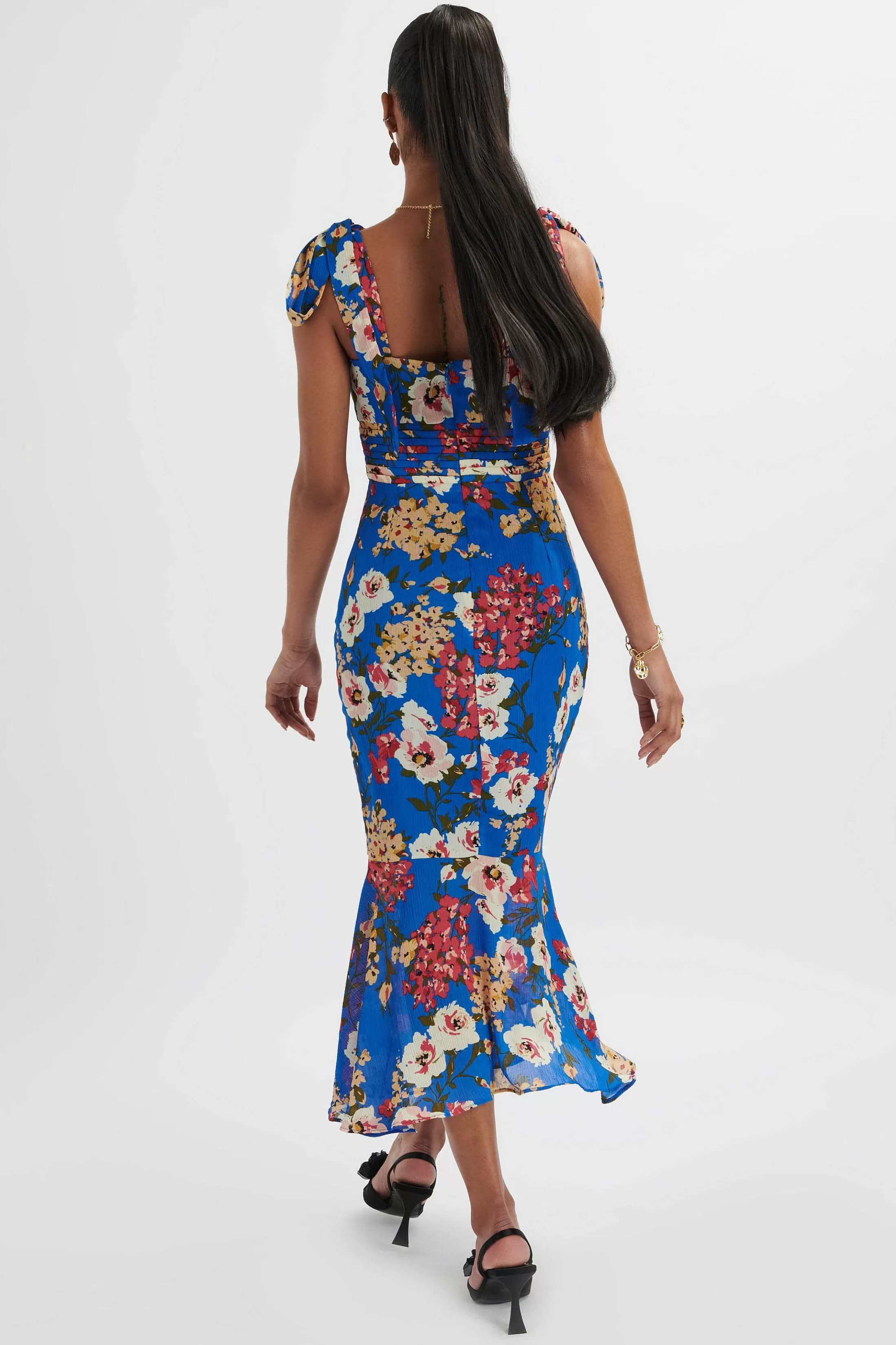 Lavish Alice Dresses<Kamila Tie Strap Micro Button Longline Midi Dress In Blue Floral Satin