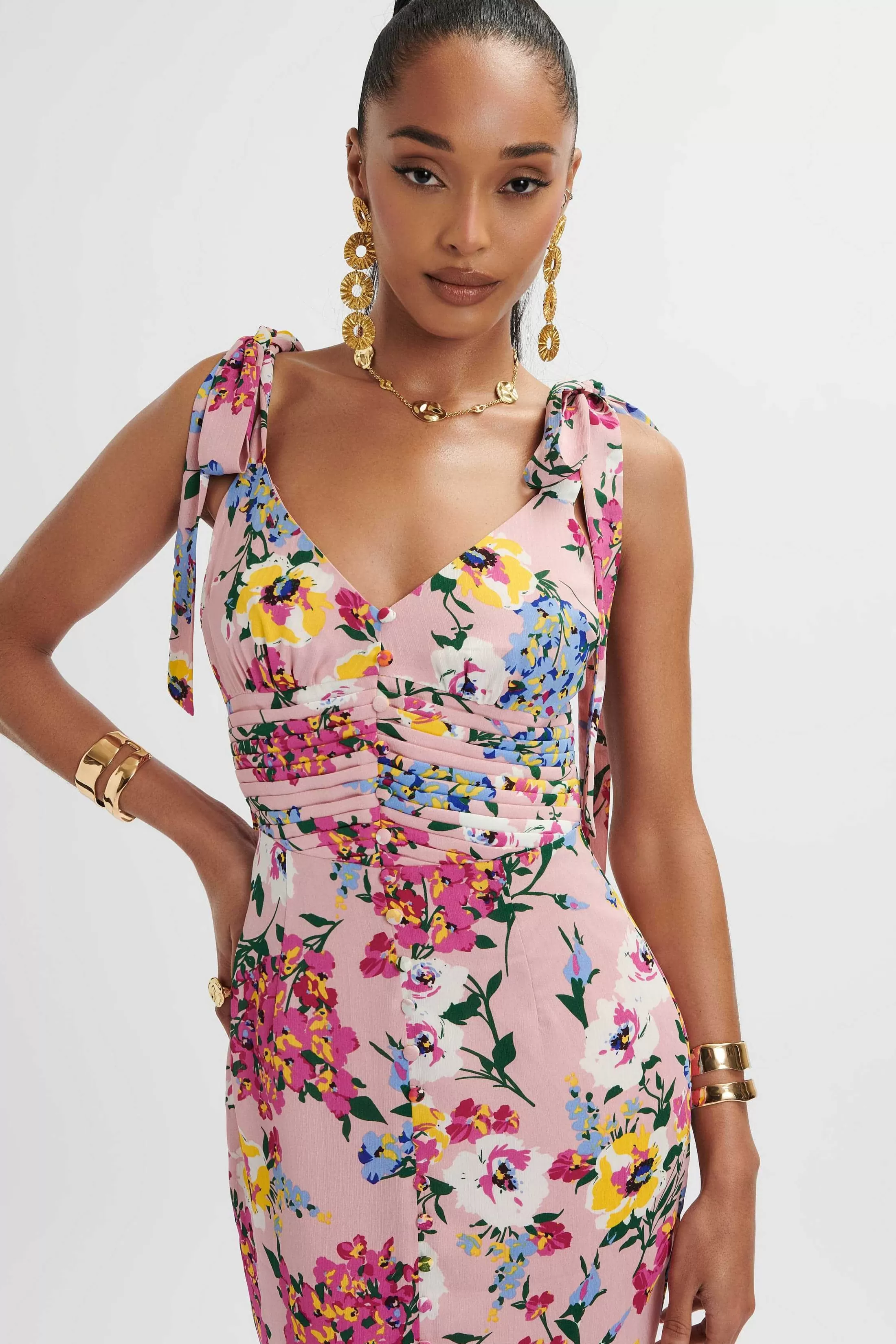 Lavish Alice Dresses<Kamila Tie Strap Micro Button Longline Midi Dress In Pink Floral Satin