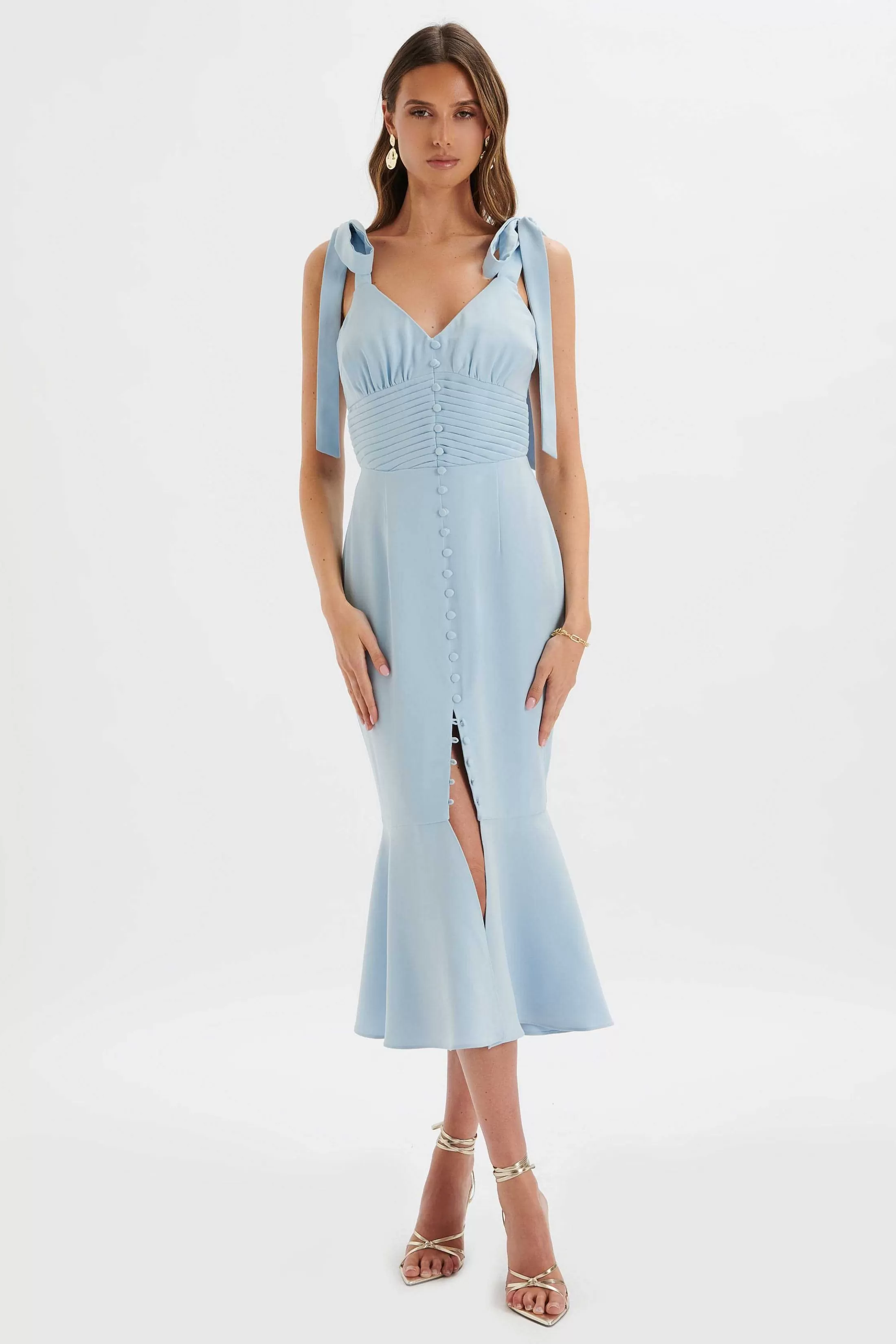 Lavish Alice Dresses<Kamila Tie Strap Micro Button Midi Dress In Deep Corn Flower Blue