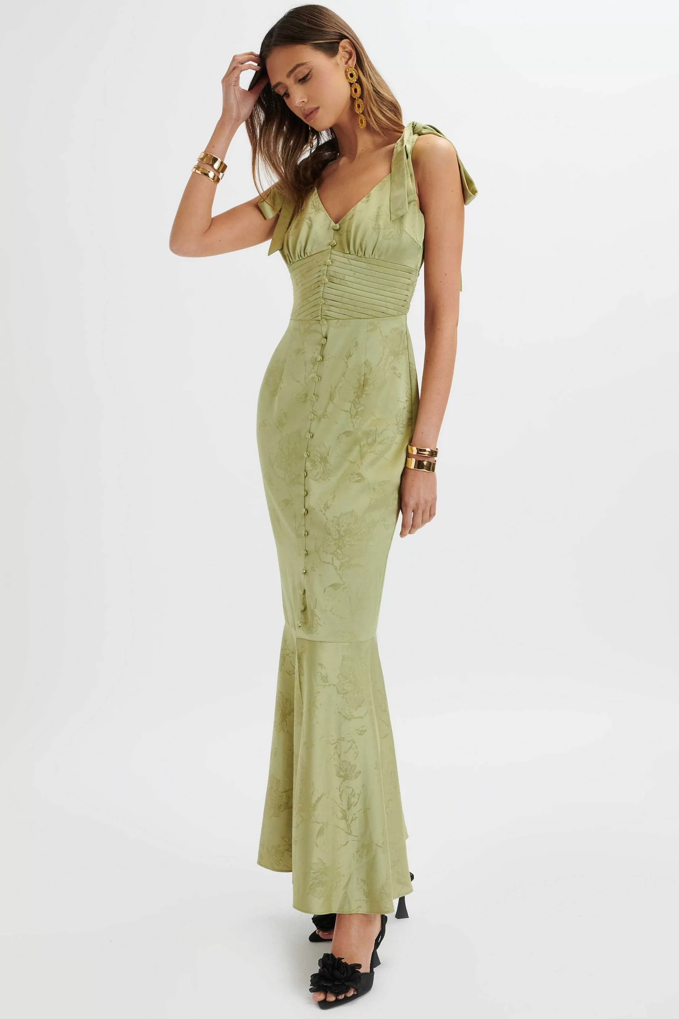 Lavish Alice Dresses<Kamila Tie Strap Micro Button Satin Maxi Dress In Green Floral