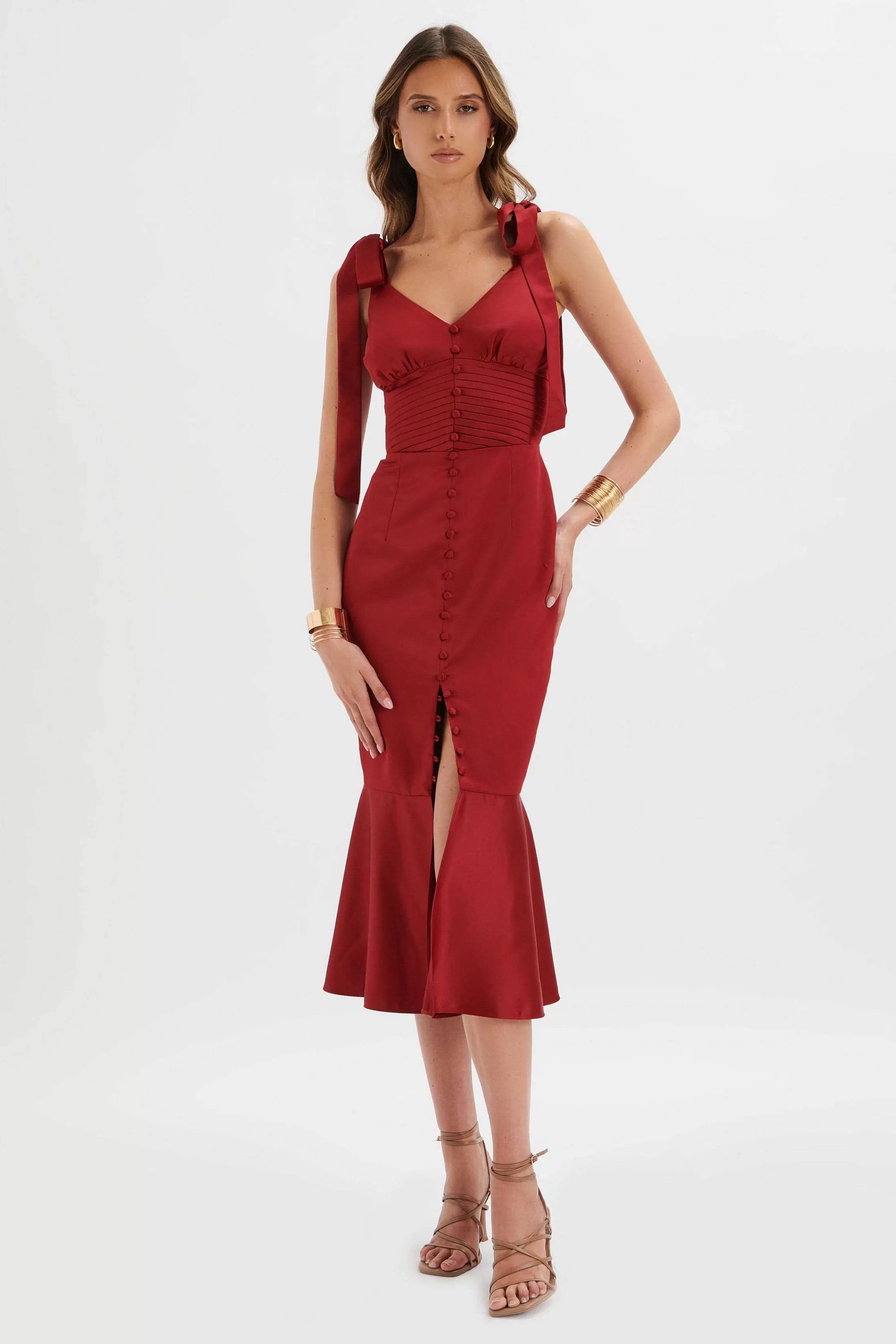 Lavish Alice Dresses<Kamila Tie Strap Micro Button Satin Midi Dress In Burgundy