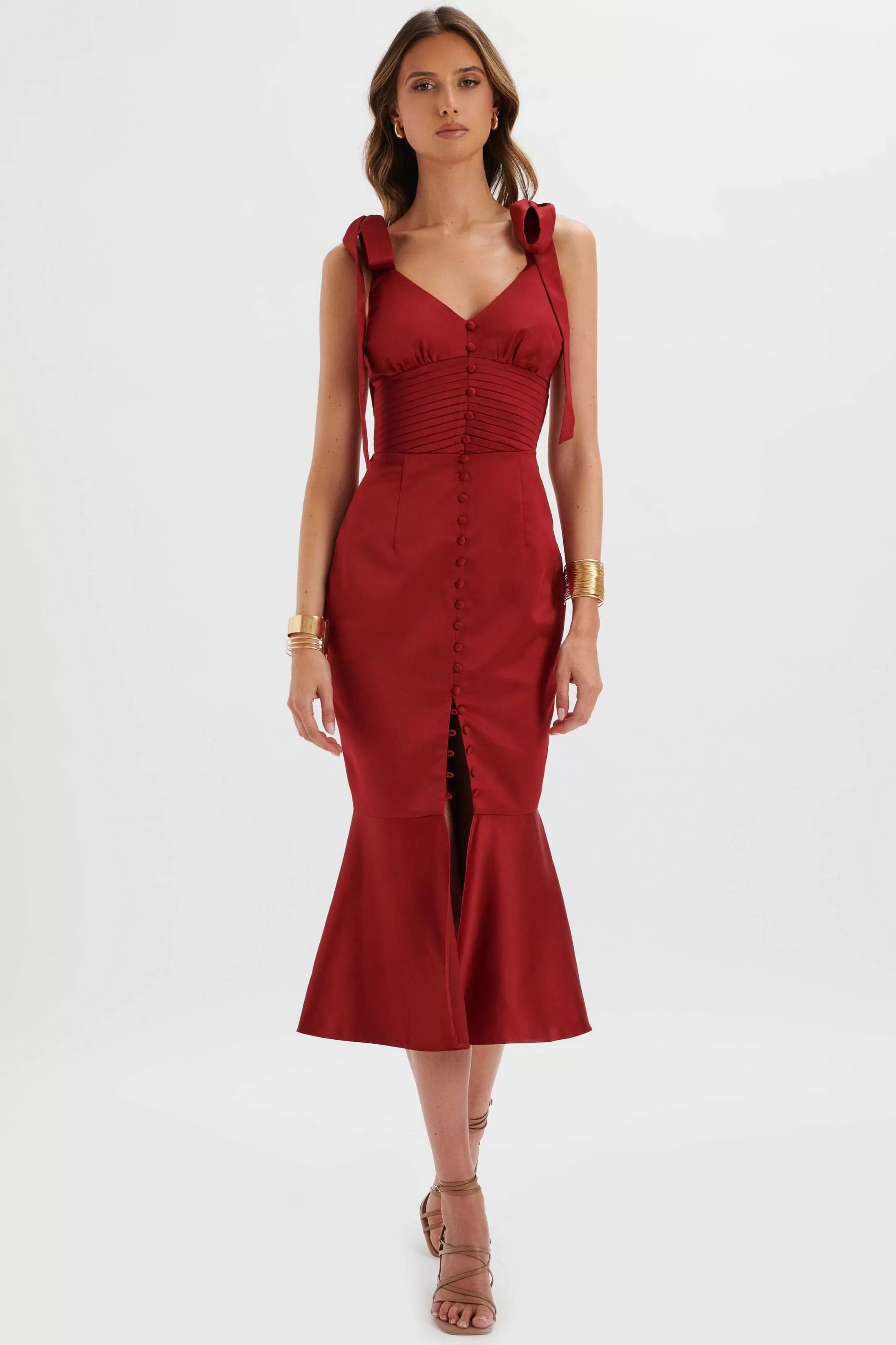 Lavish Alice Dresses<Kamila Tie Strap Micro Button Satin Midi Dress In Burgundy