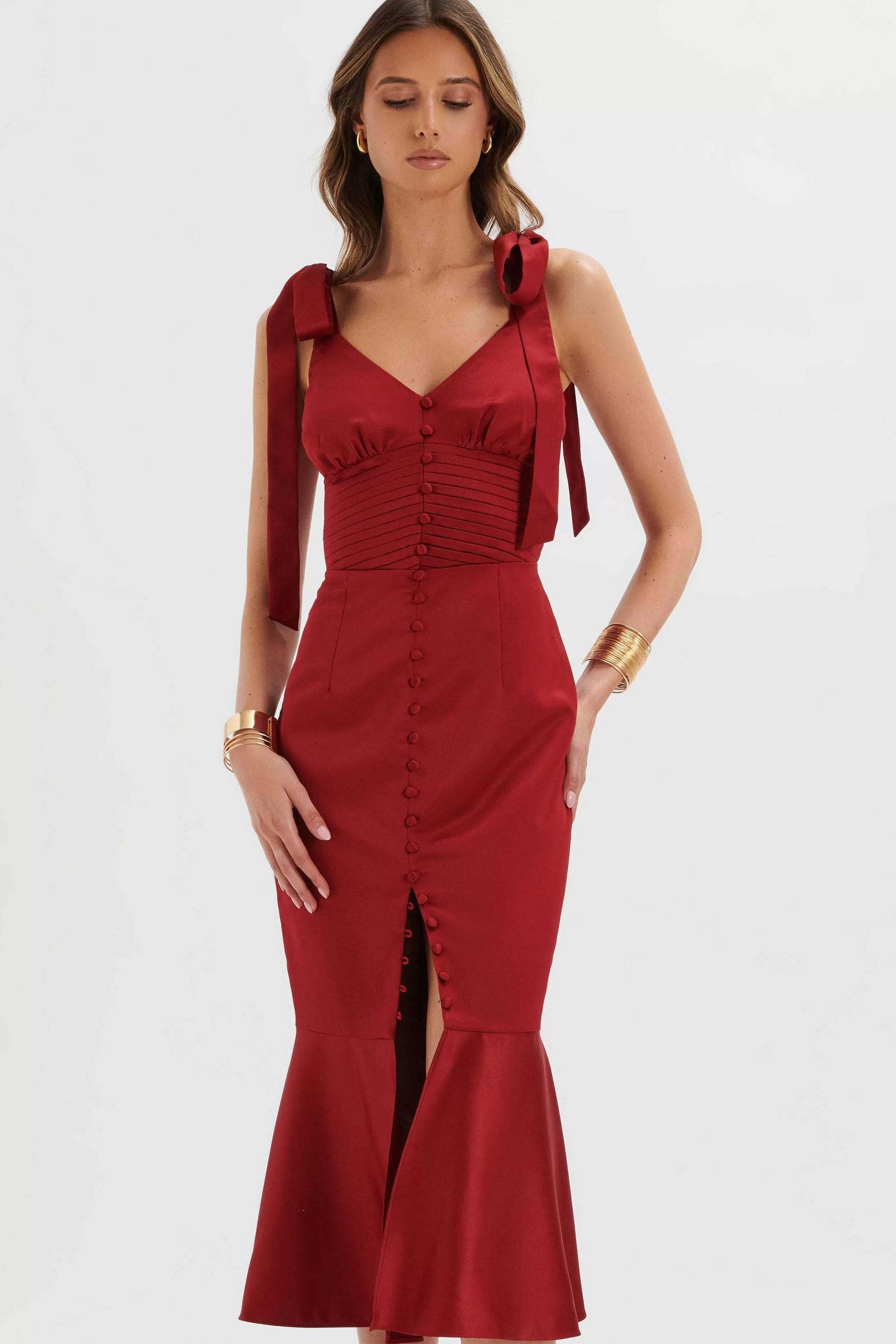 Lavish Alice Dresses<Kamila Tie Strap Micro Button Satin Midi Dress In Burgundy