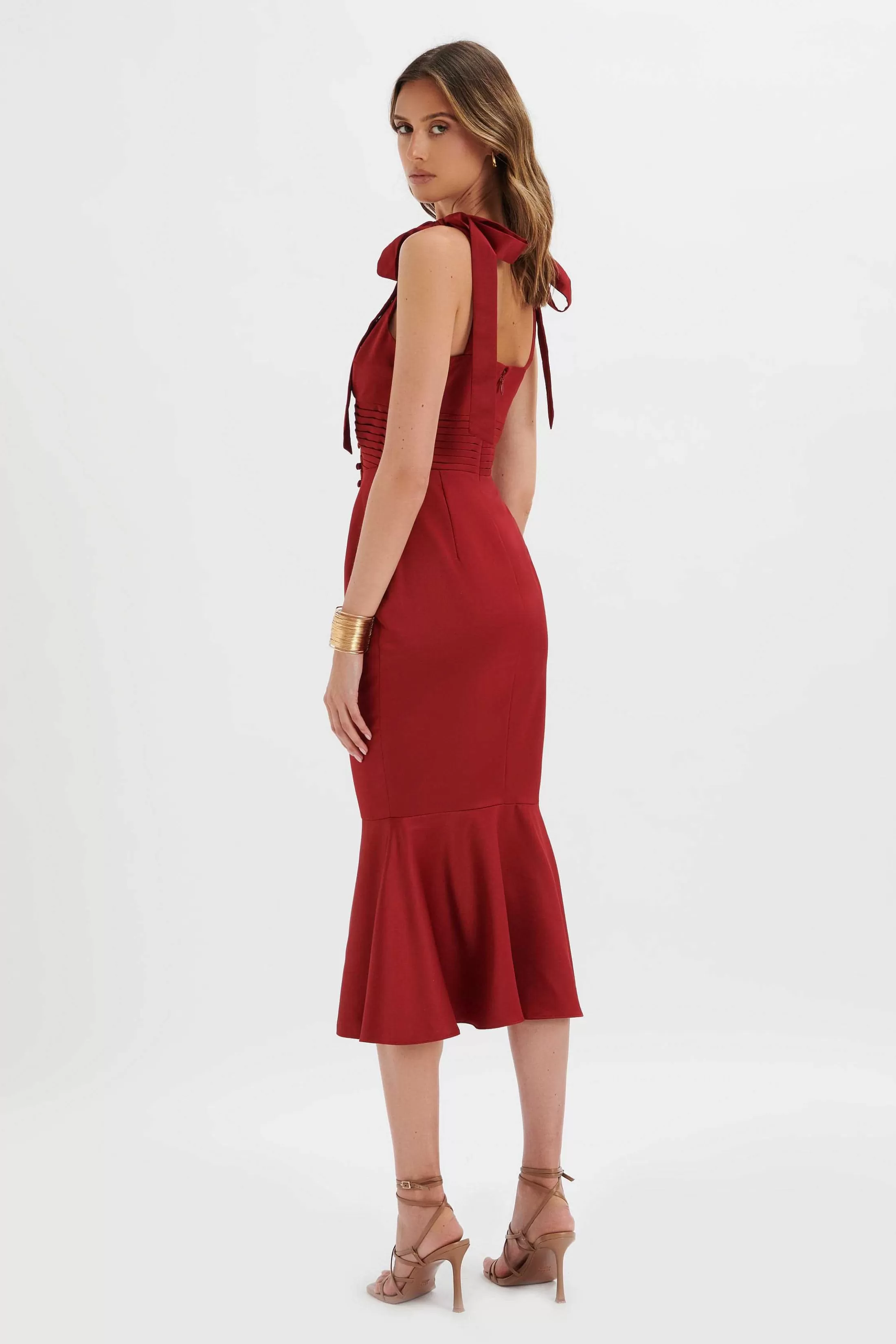 Lavish Alice Dresses<Kamila Tie Strap Micro Button Satin Midi Dress In Burgundy