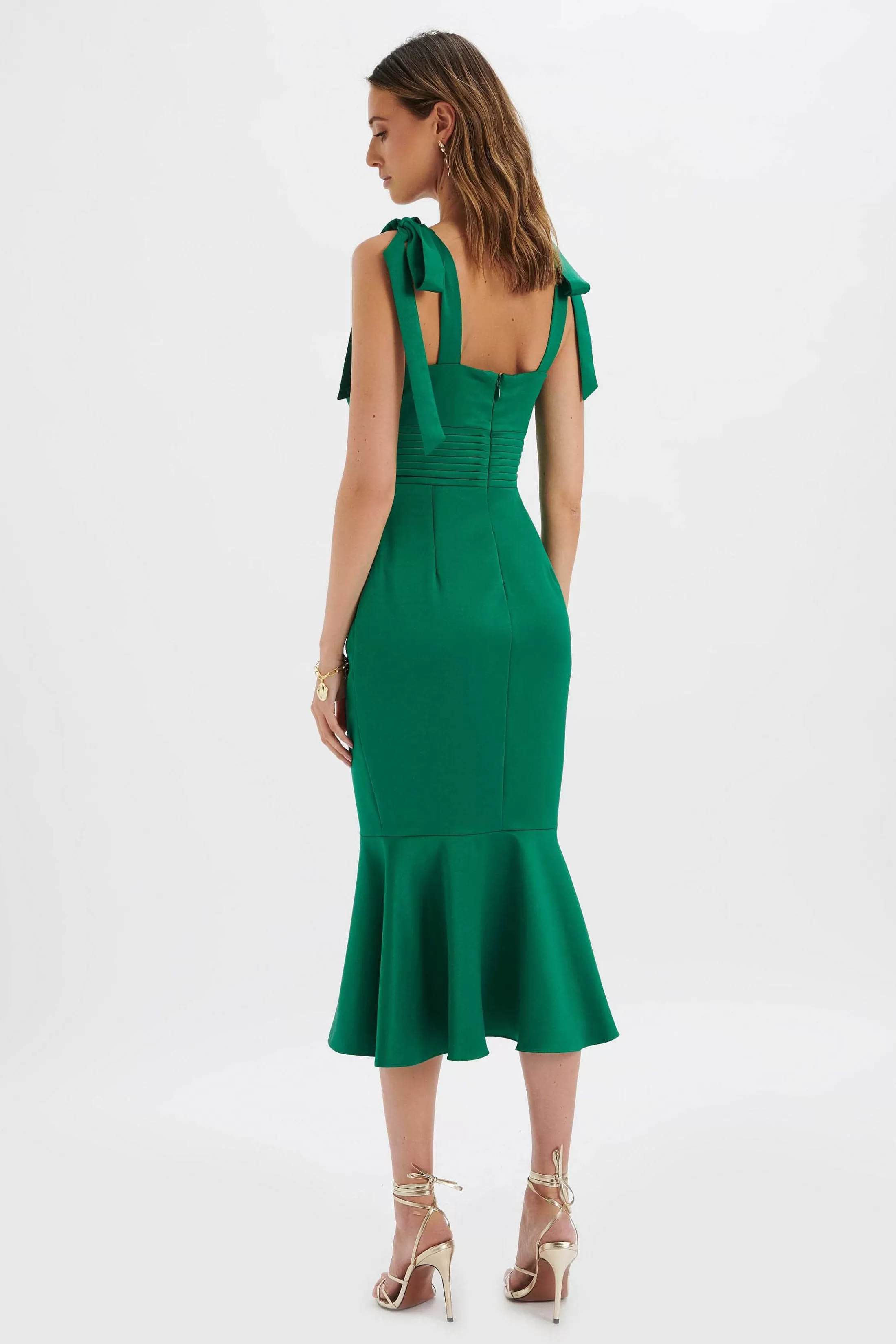 Lavish Alice Dresses<Kamila Tie Strap Micro Button Satin Midi Dress In Emerald Green