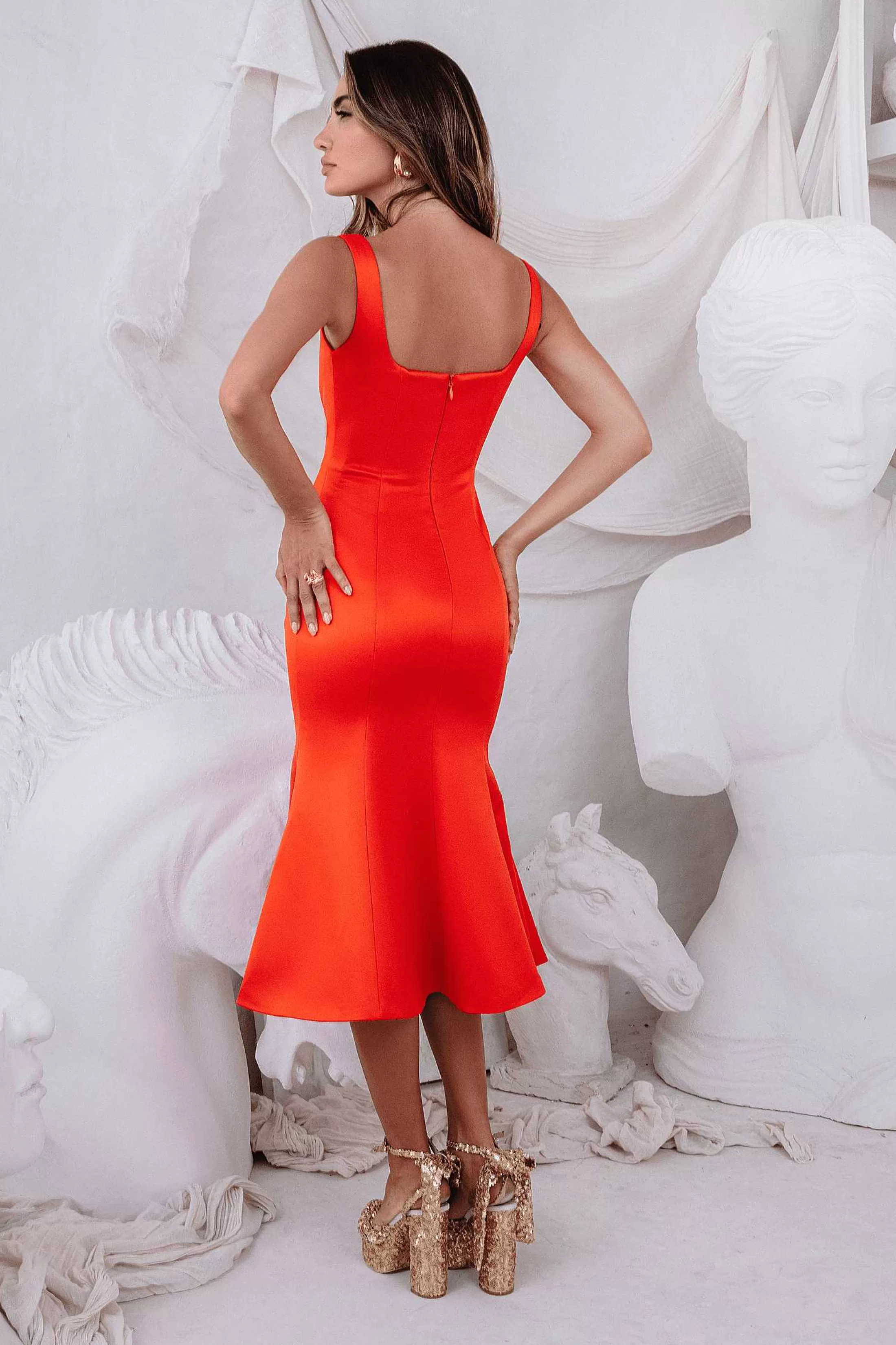 Lavish Alice Dresses<Lainey Stitch Detail Midi Slip Dress In Coral Red