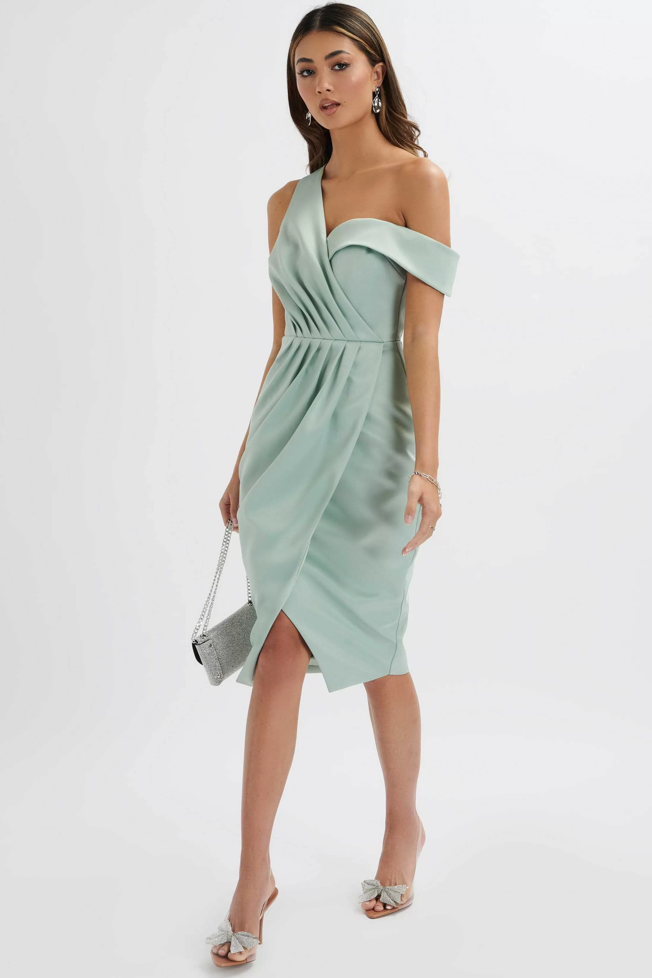 Lavish Alice Dresses<Maja One Shoulder Pleated Bonded Satin Midi Dress In Sage Green