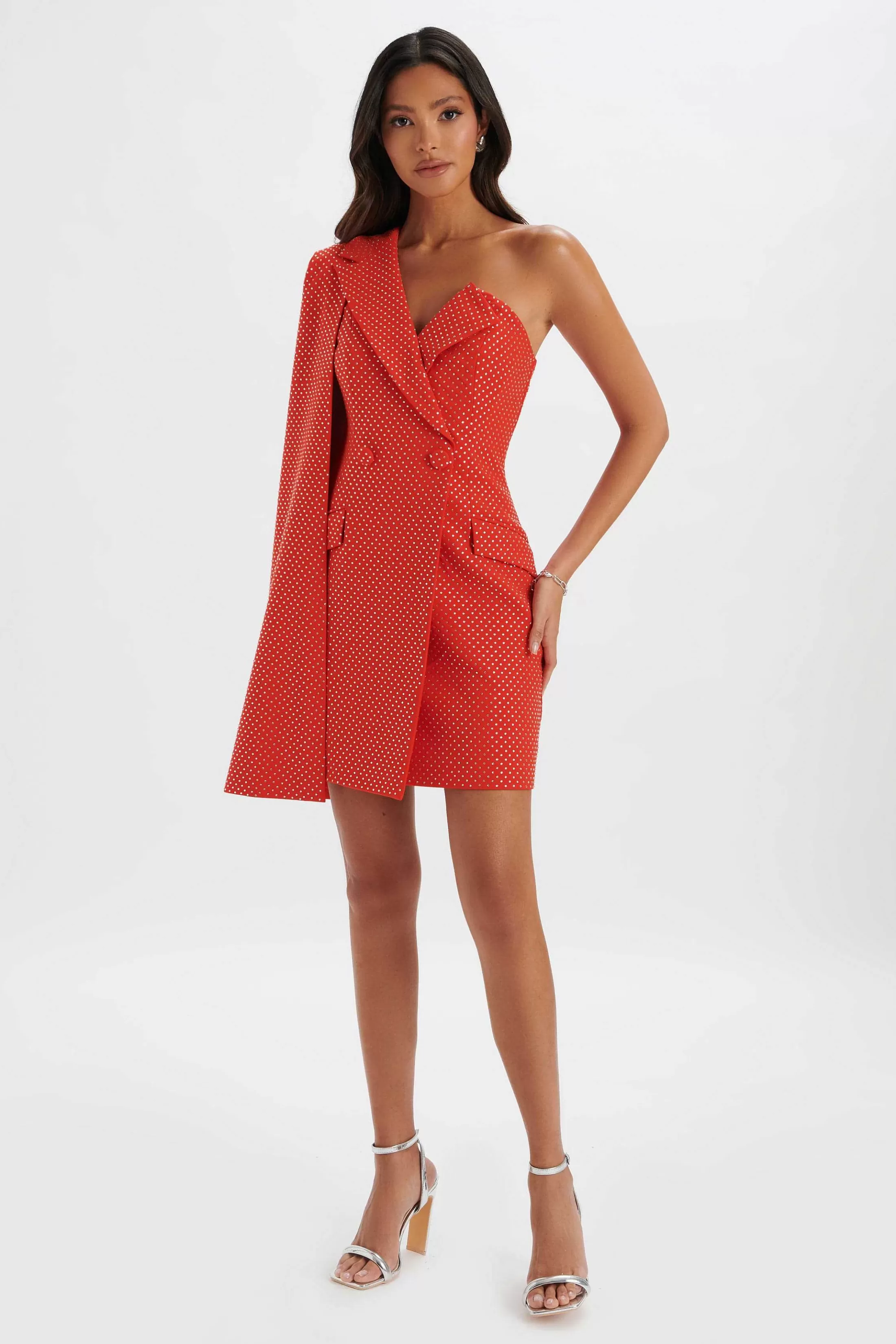 Lavish Alice Dresses<Marcy Crystal Embellished One Shoulder Cape Blazer Dress In Red