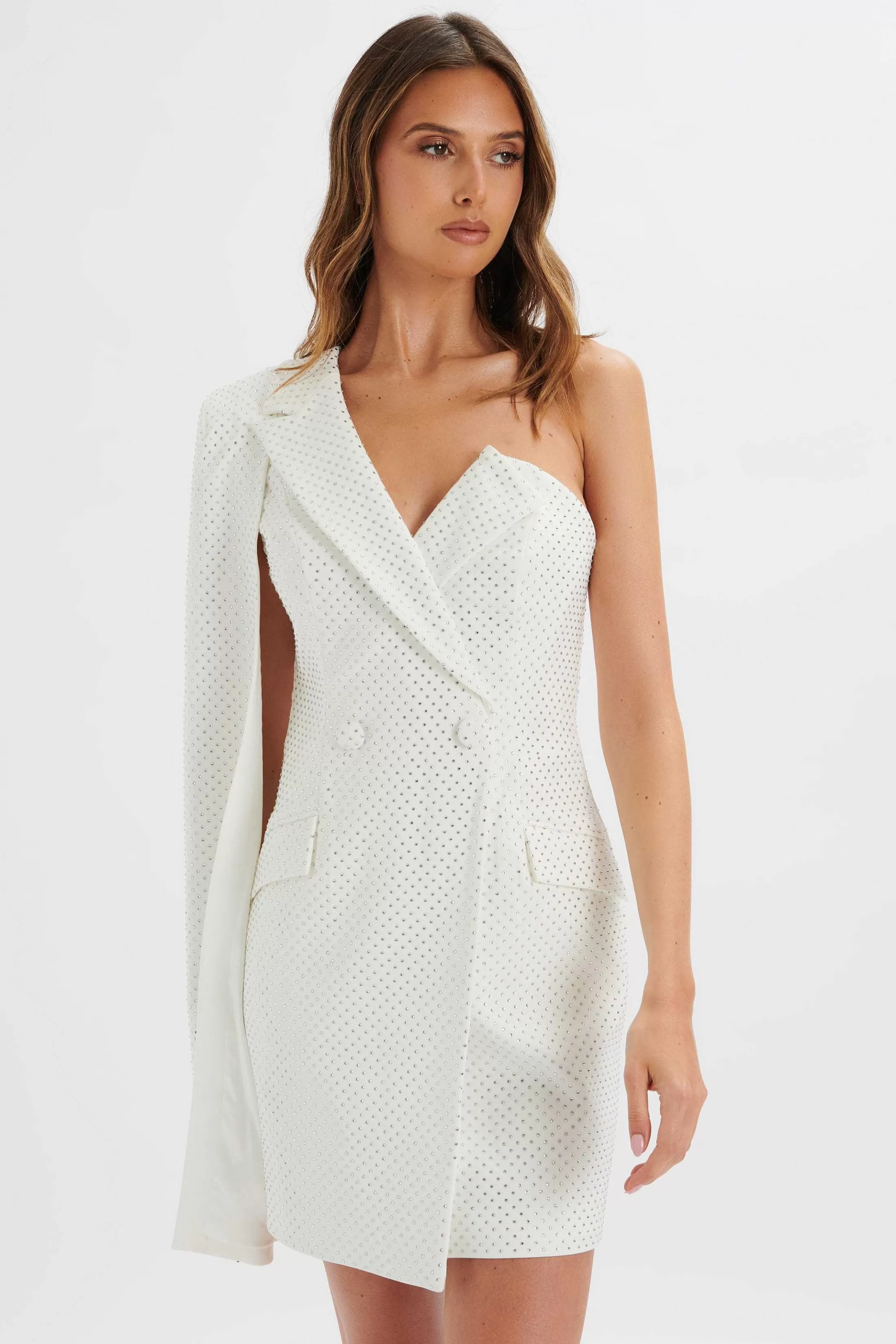 Lavish Alice Dresses<Marcy Crystal Embellished One Shoulder Cape Blazer Dress In White