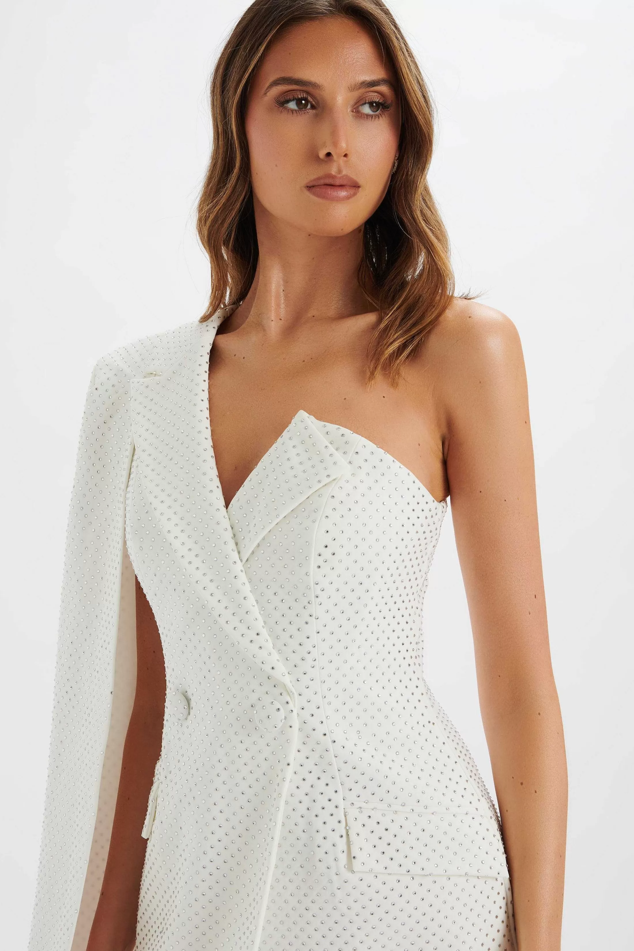 Lavish Alice Dresses<Marcy Crystal Embellished One Shoulder Cape Blazer Dress In White