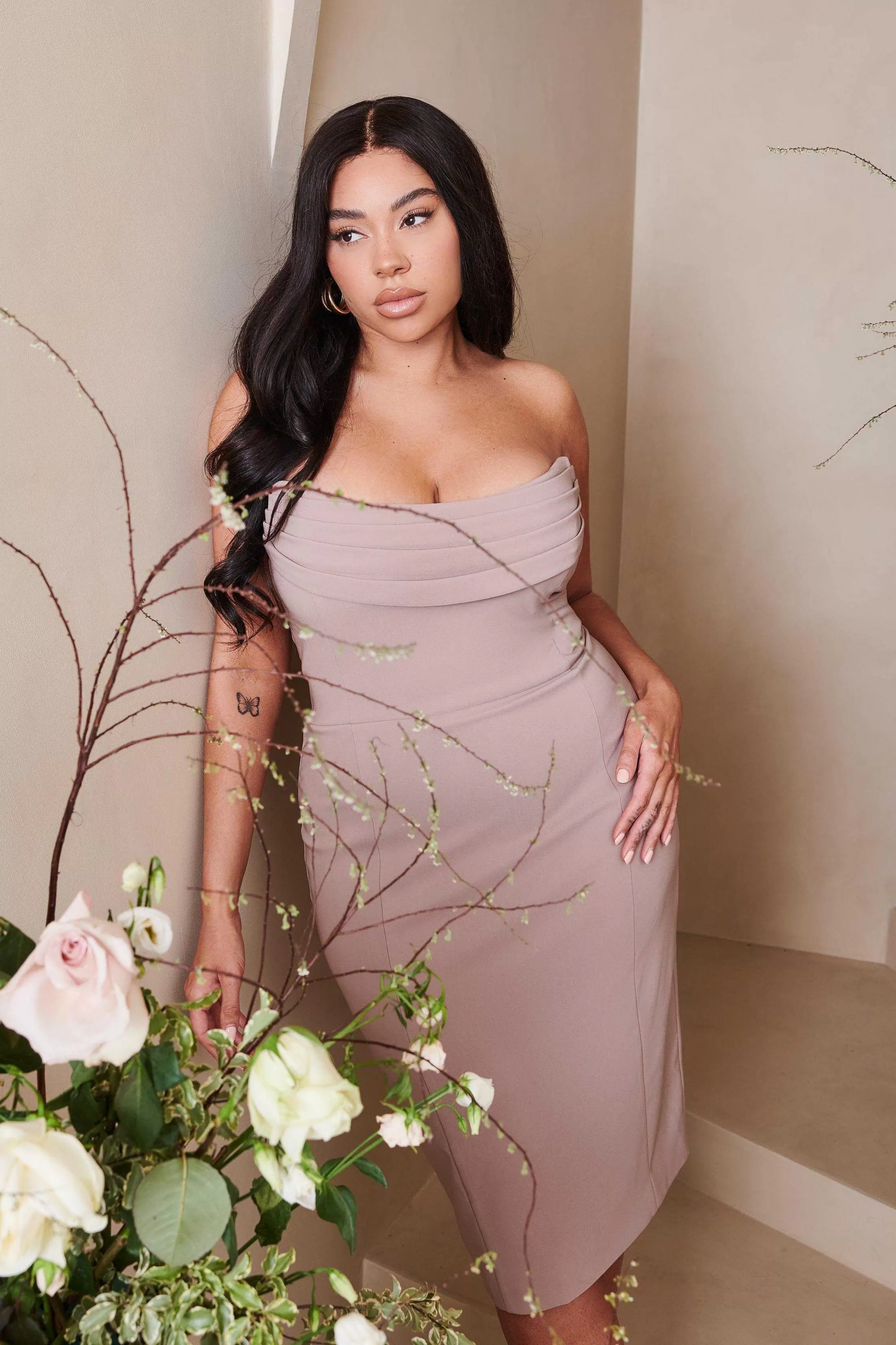 Lavish Alice Dresses<Maria Curve Cowl Front Bandeau Midi Pencil Dress In Stone