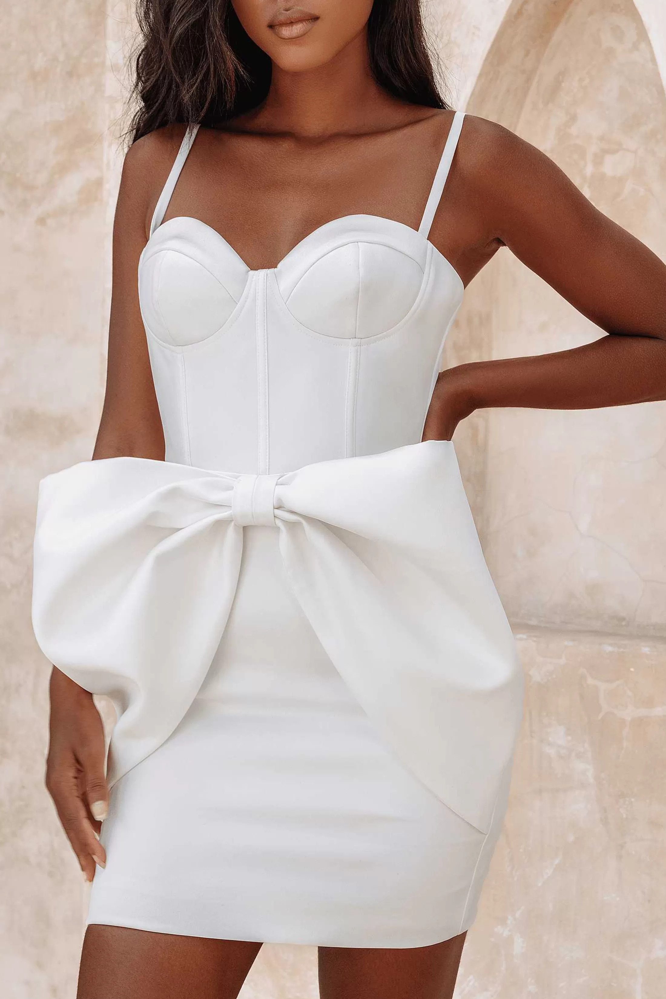 Lavish Alice Hen Do Dresses<Michelle Extreme Bow Corset Detail Mini Dress In White Satin