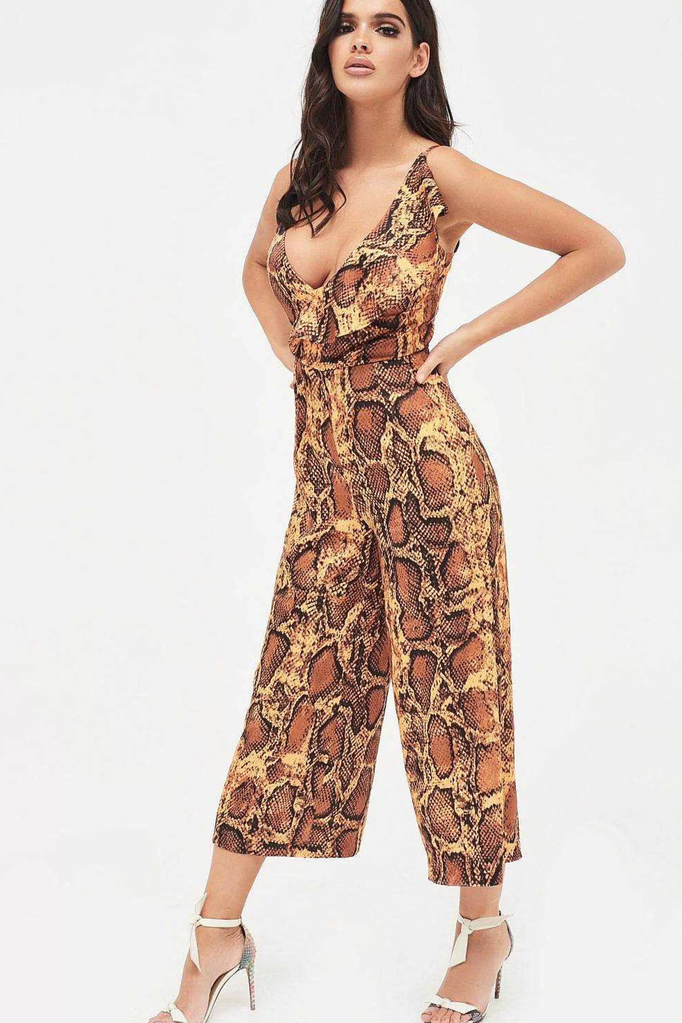 Lavish Alice Jumpsuits & Playsuits<Nora Satin Frill Wrap Culotte Jumpsuit In Golden Yellow Snake Print