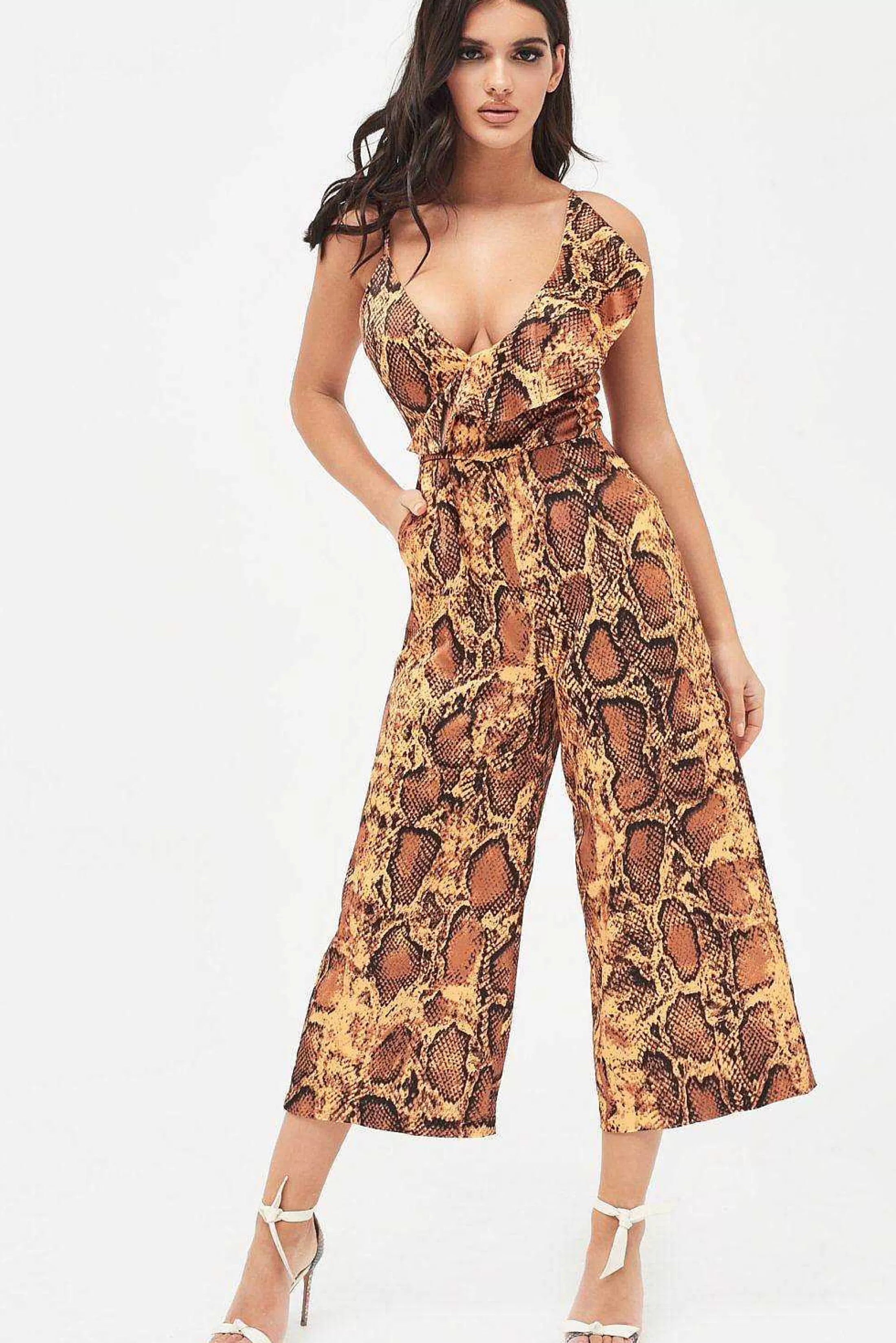Lavish Alice Jumpsuits & Playsuits<Nora Satin Frill Wrap Culotte Jumpsuit In Golden Yellow Snake Print