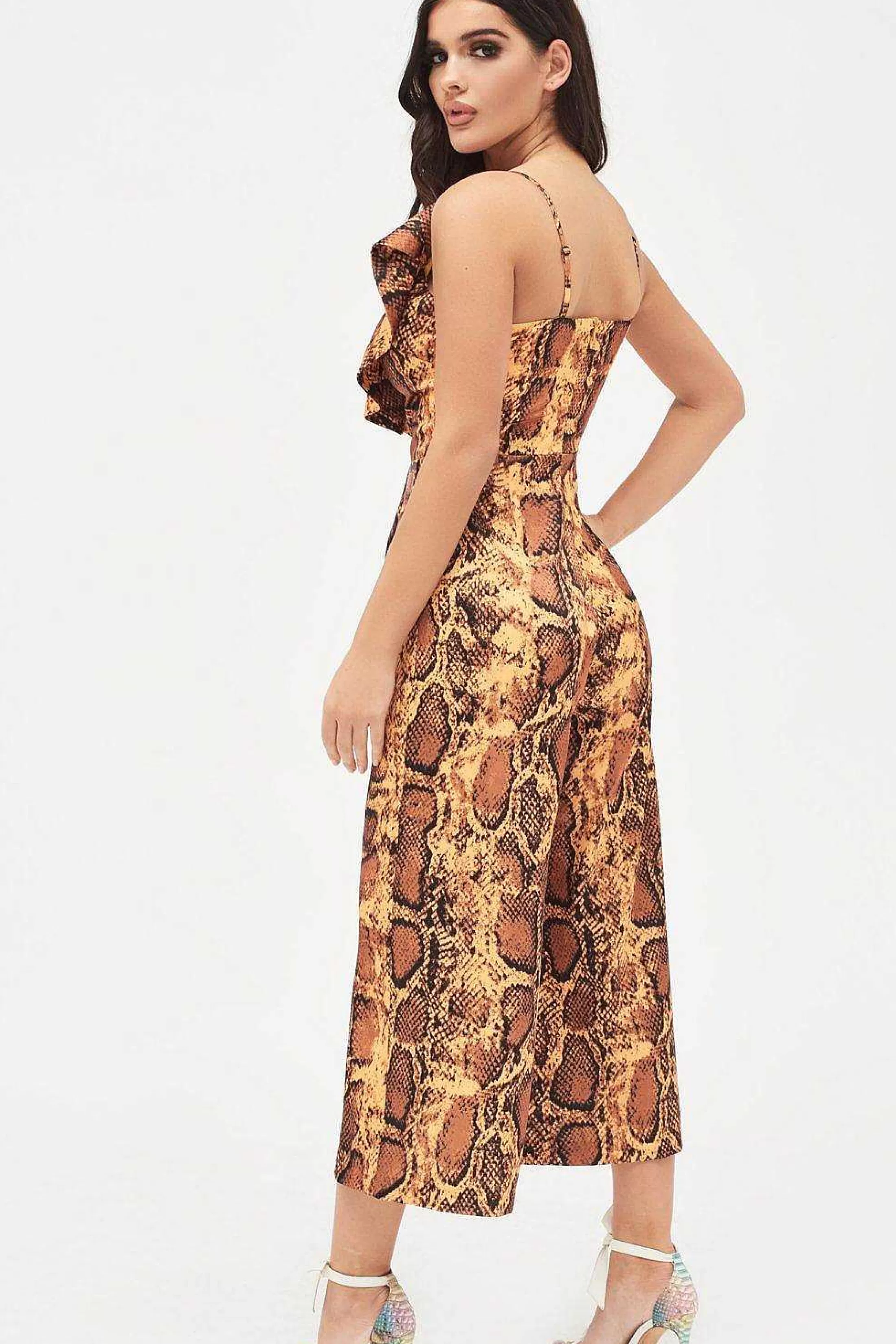 Lavish Alice Jumpsuits & Playsuits<Nora Satin Frill Wrap Culotte Jumpsuit In Golden Yellow Snake Print